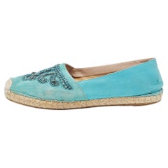 Le Silla Turquoise Suede and Leather Crystal Embellished Espadrille Size 39