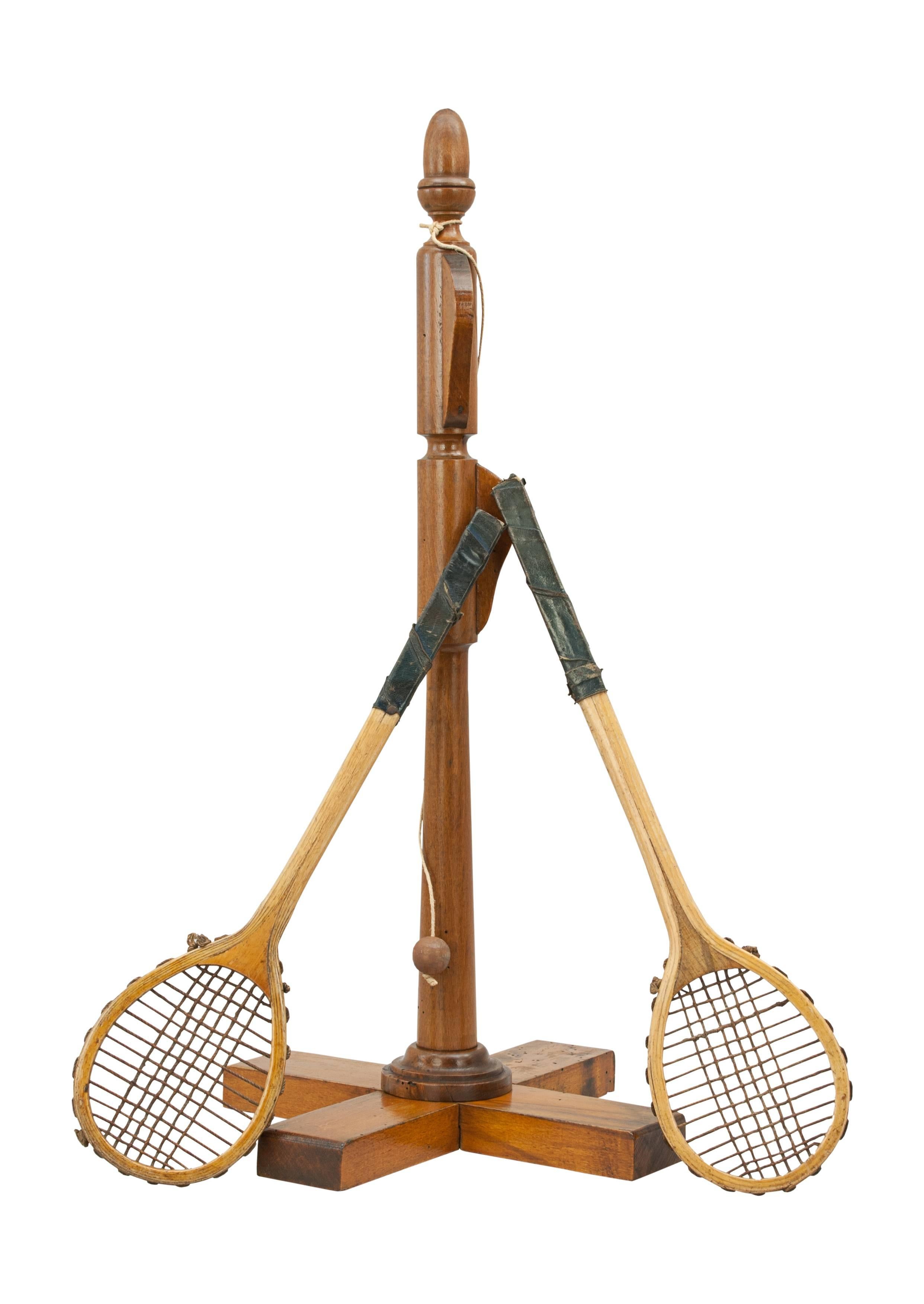 Vintage tabletop swing ball game.
A rare tabletop swing ball game in original pine box. The exterior of the lid with stenciled name 'Le Spiroble de Salon'. The interior with paper instructions. The Victorian or early Edwardian game comprises of a
