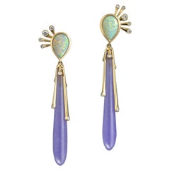 Jade, Diamond & Opal Earrings 18k Yellow Gold