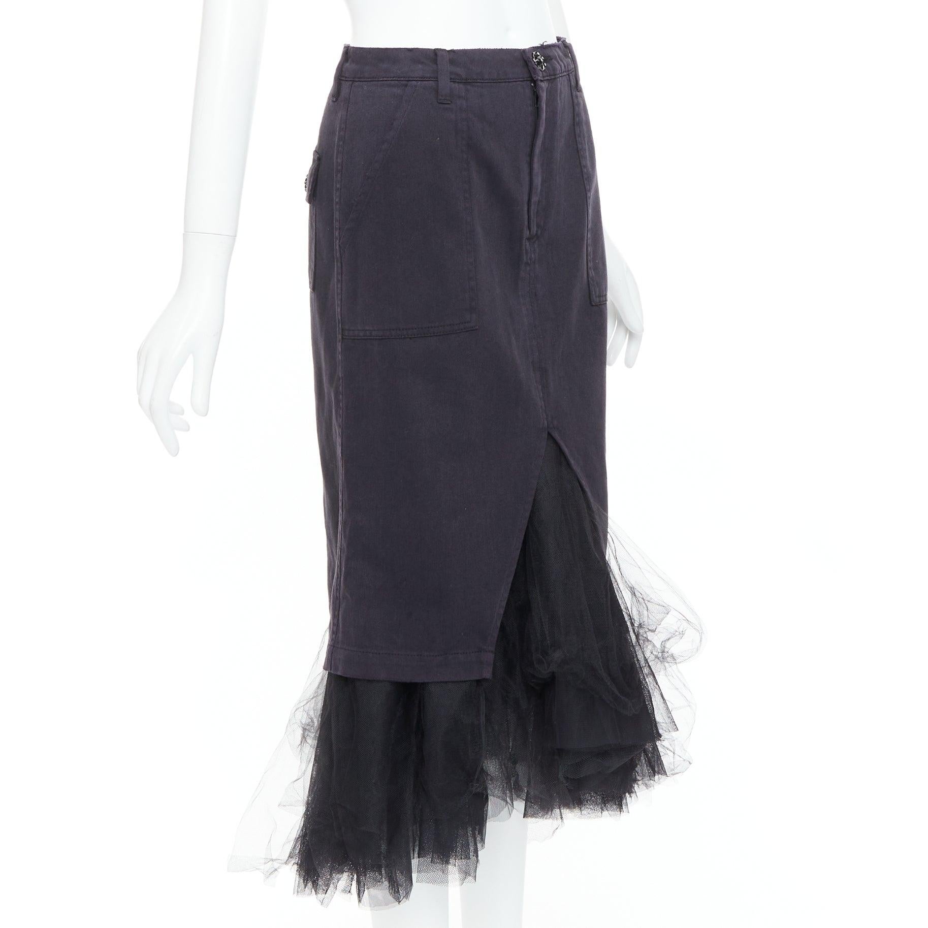 Nero LE SUPERBE gonna midi in denim nero con orlo in tulle e bottoni di cristallo US0 XS in vendita