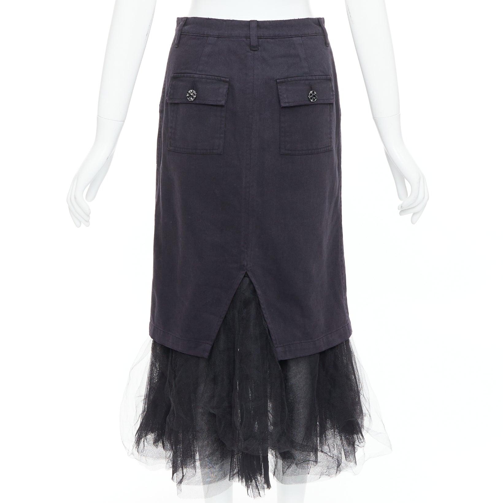 Donna LE SUPERBE gonna midi in denim nero con orlo in tulle e bottoni di cristallo US0 XS in vendita