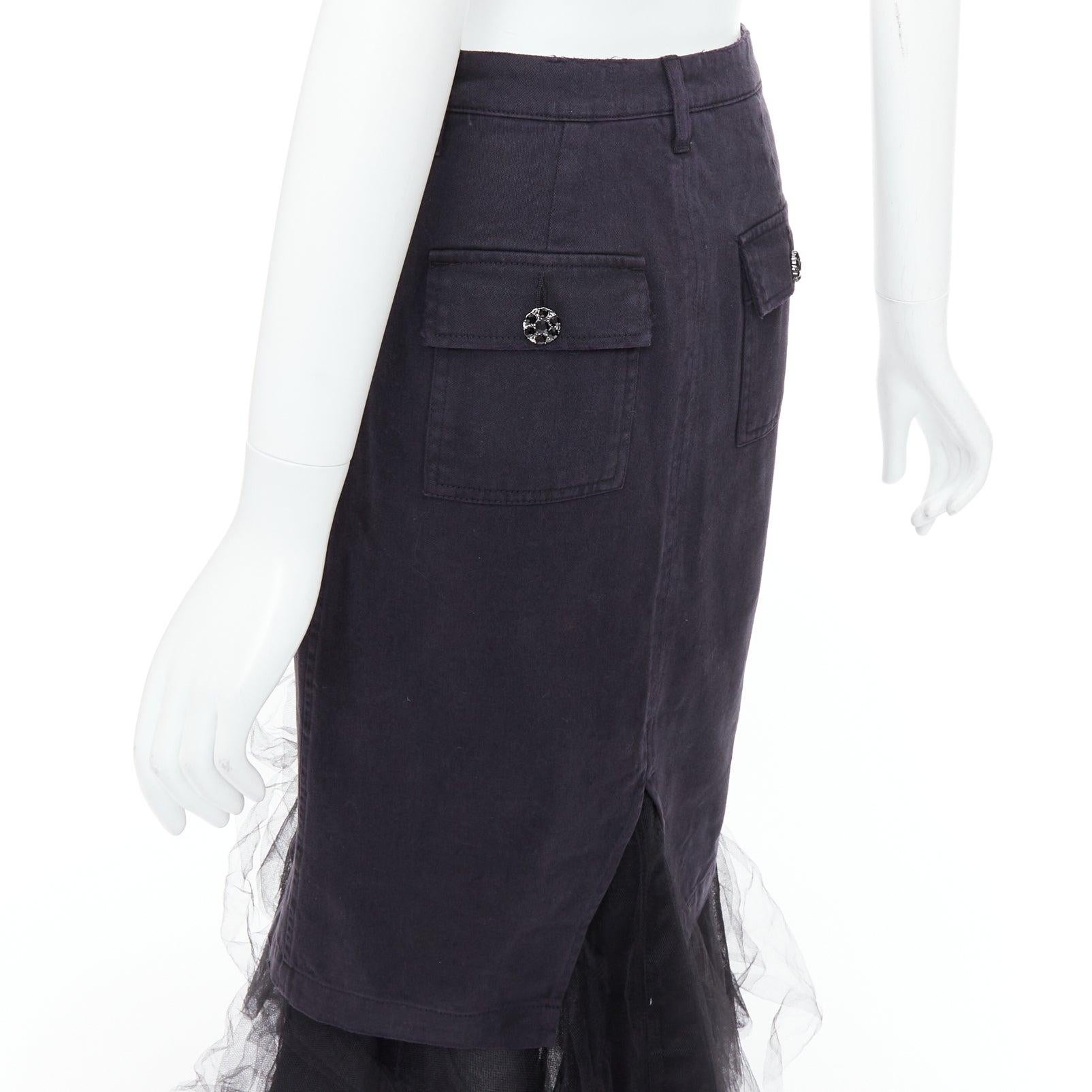 LE SUPERBE gonna midi in denim nero con orlo in tulle e bottoni di cristallo US0 XS in vendita 2