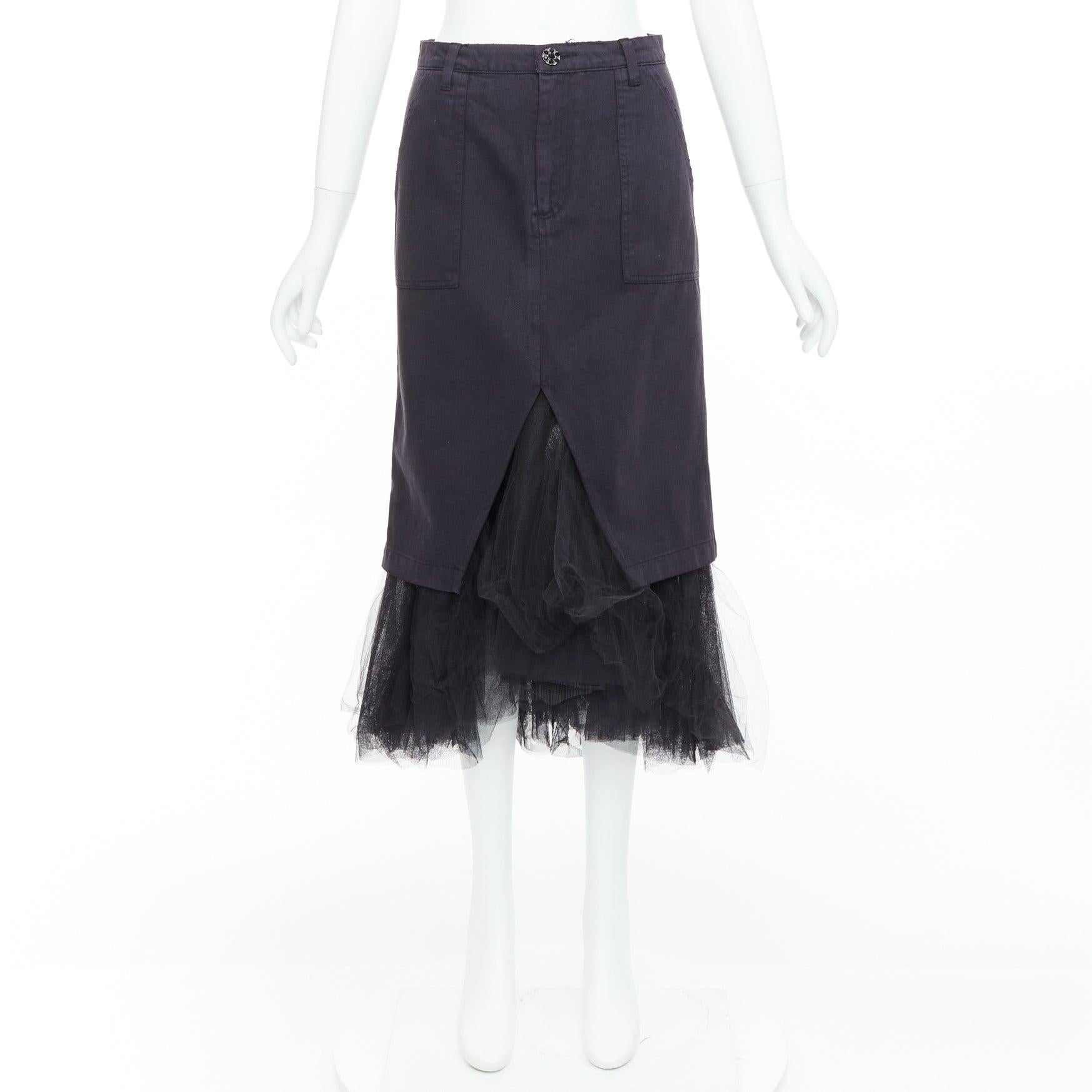 LE SUPERBE gonna midi in denim nero con orlo in tulle e bottoni di cristallo US0 XS in vendita 4