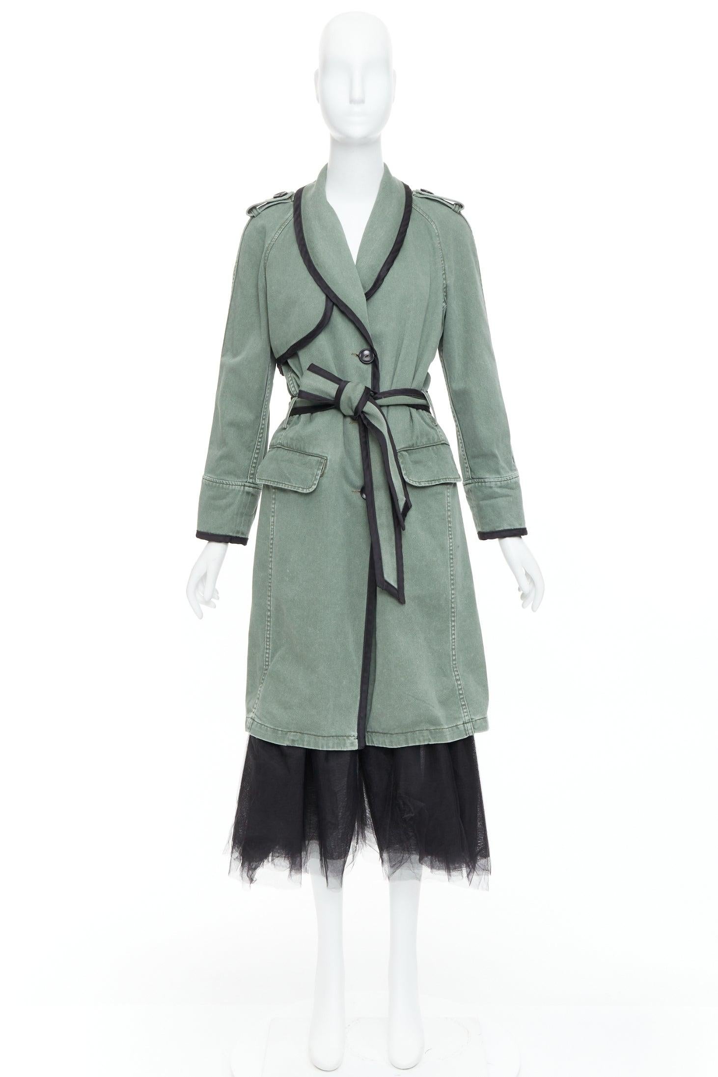 LE SUPERBE cappotto verde in cotone lavato e nero con orlo in tulle e cintura da annodare US0 XS in vendita 5