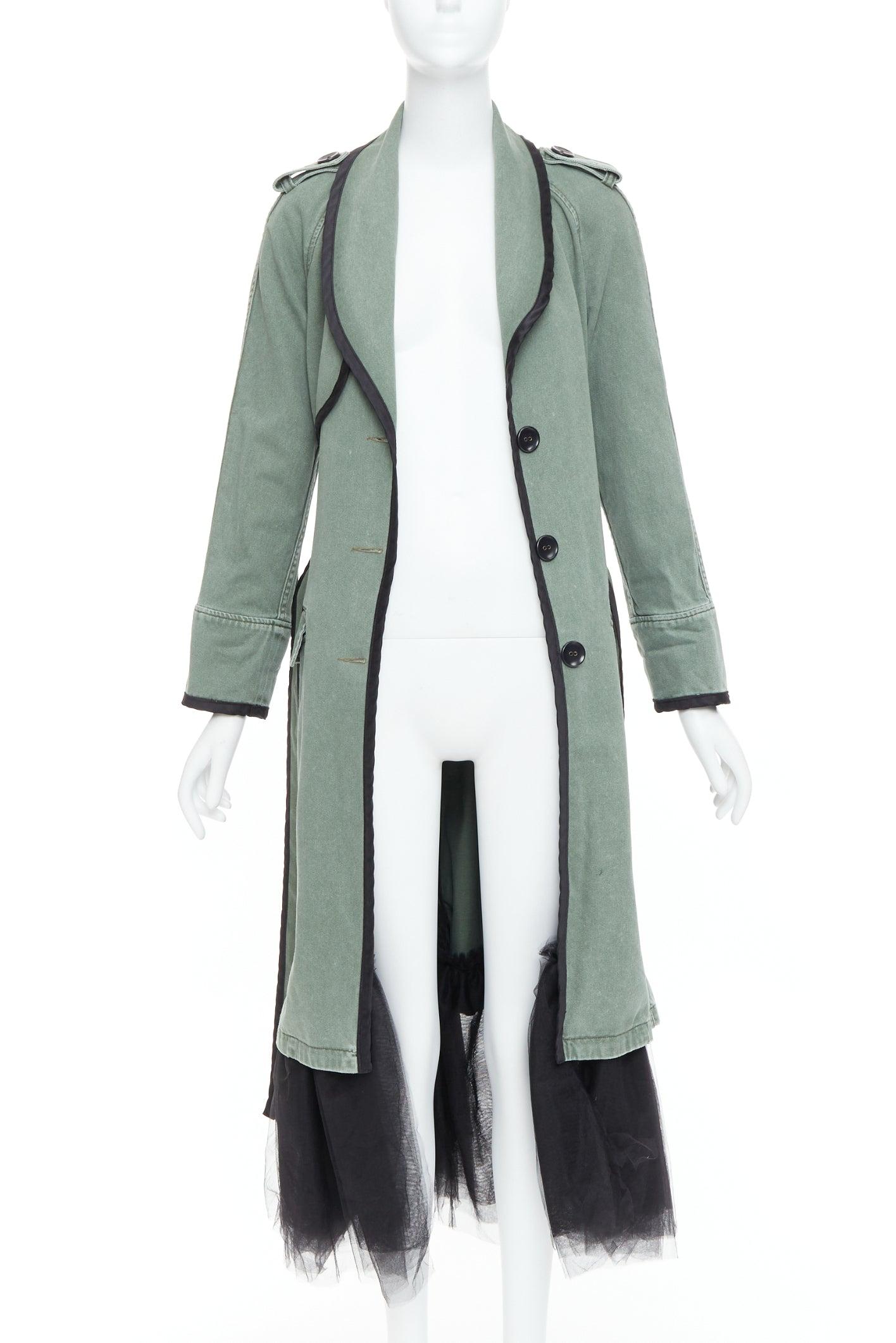 Grigio LE SUPERBE cappotto verde in cotone lavato e nero con orlo in tulle e cintura da annodare US0 XS in vendita