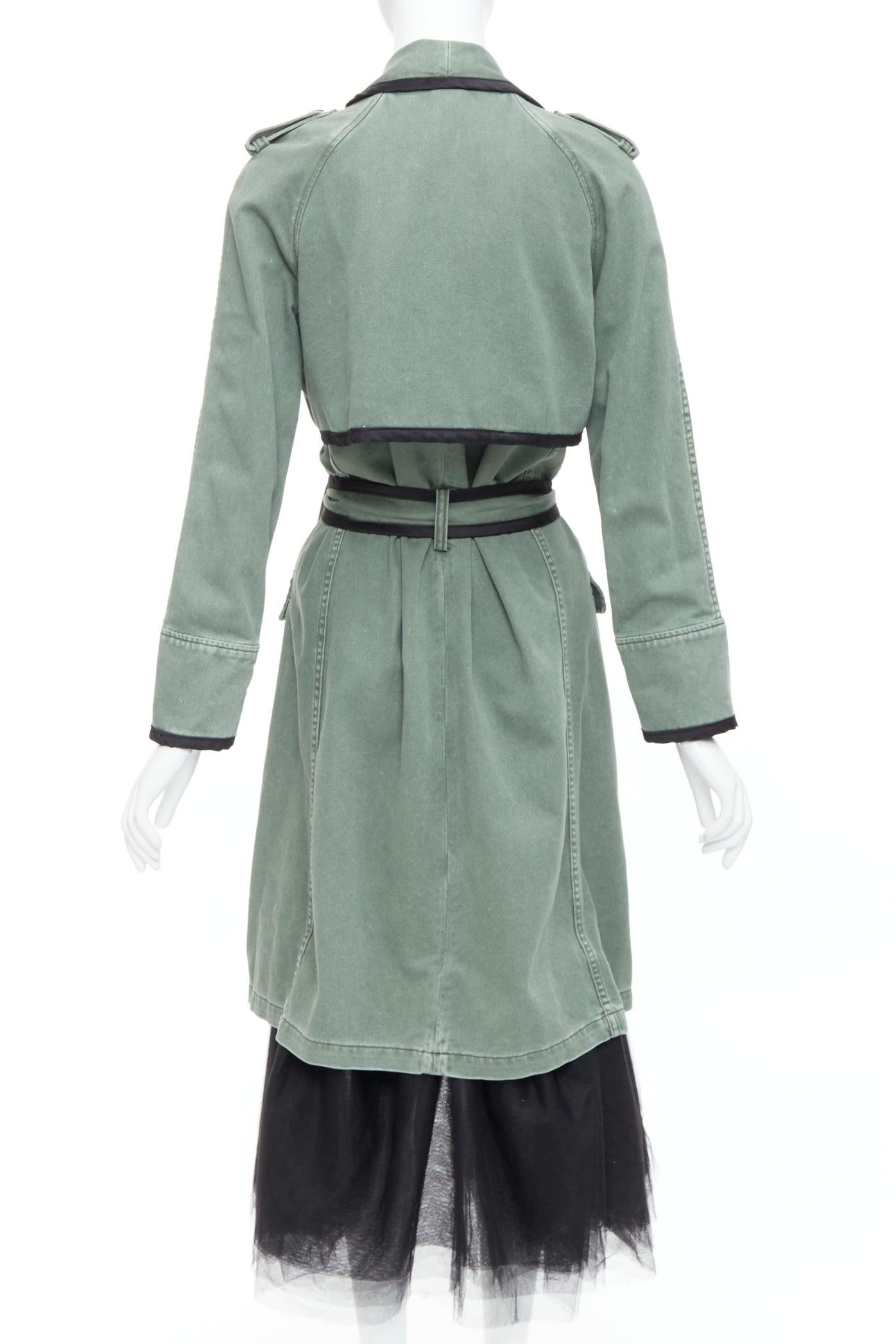 LE SUPERBE cappotto verde in cotone lavato e nero con orlo in tulle e cintura da annodare US0 XS in vendita 1