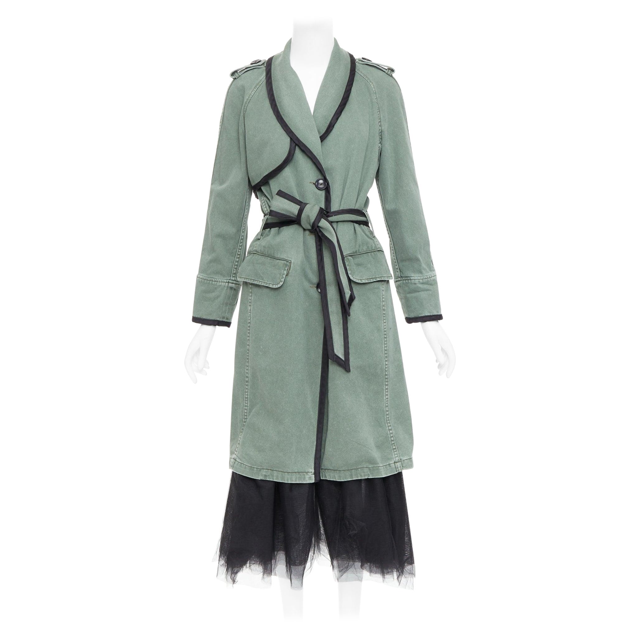 LE SUPERBE cappotto verde in cotone lavato e nero con orlo in tulle e cintura da annodare US0 XS in vendita