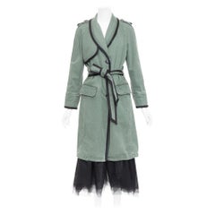 LE SUPERBE cappotto verde in cotone lavato e nero con orlo in tulle e cintura da annodare US0 XS