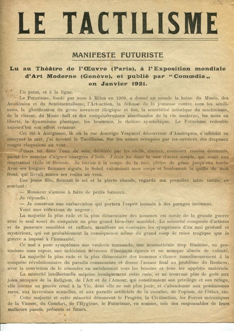 Le Tactilisme Futurist Manifesto by Marinetti, Italy 1914