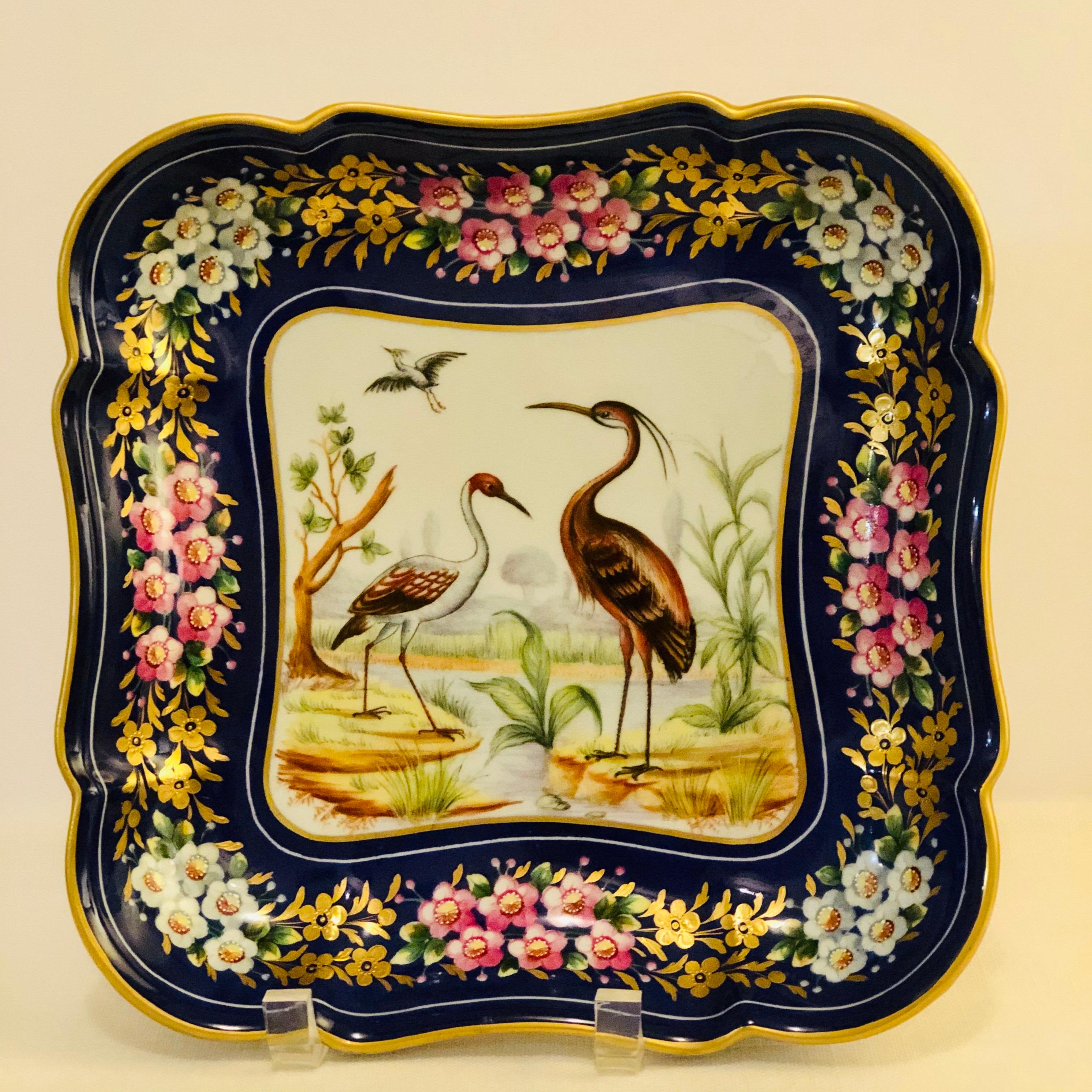 Rococo Le Tallec Blue Bowl Painted with Exotic Birds with Painted & Gold Flower Border