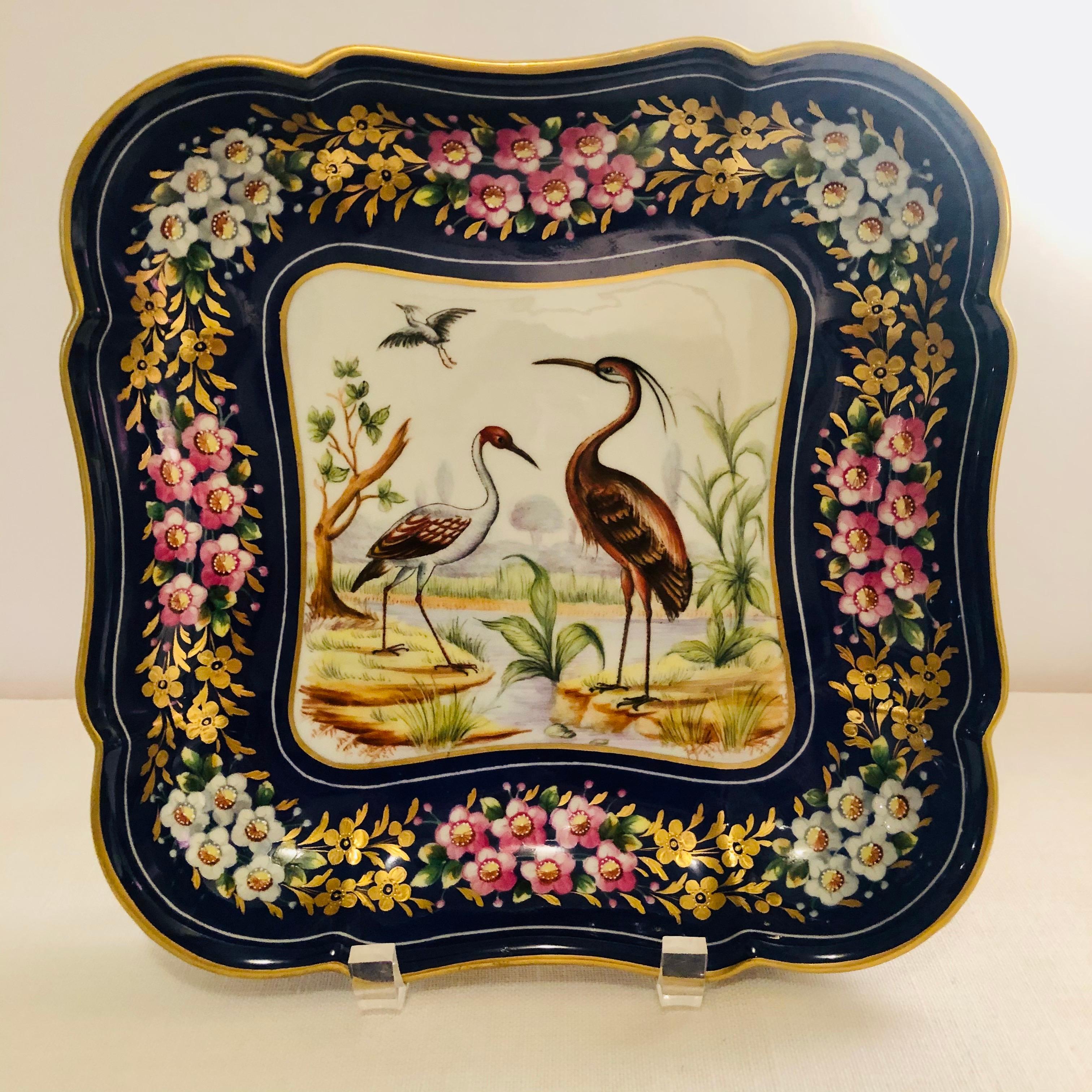 French Le Tallec Blue Bowl Painted with Exotic Birds with Painted & Gold Flower Border