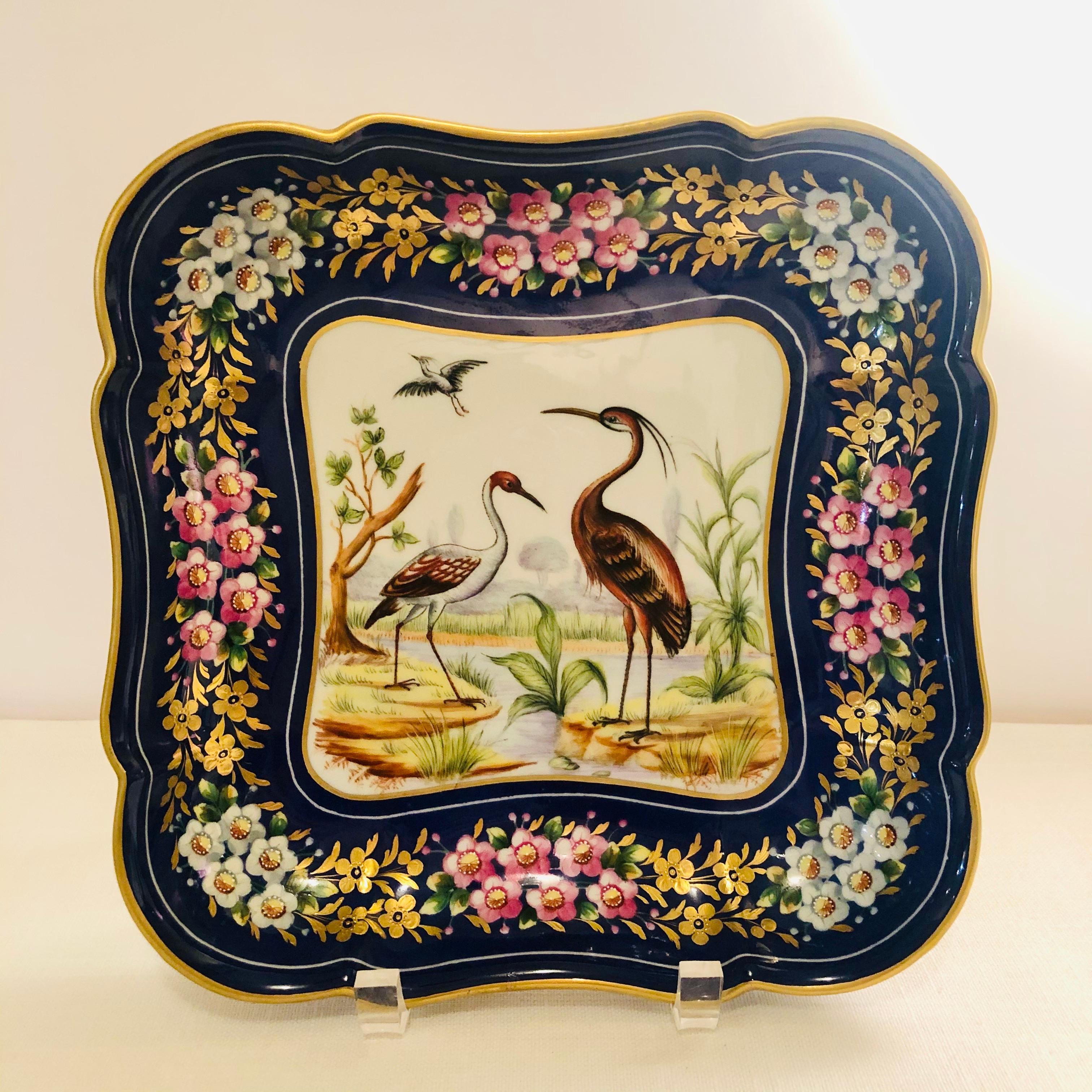 Hand-Painted Le Tallec Blue Bowl Painted with Exotic Birds with Painted & Gold Flower Border