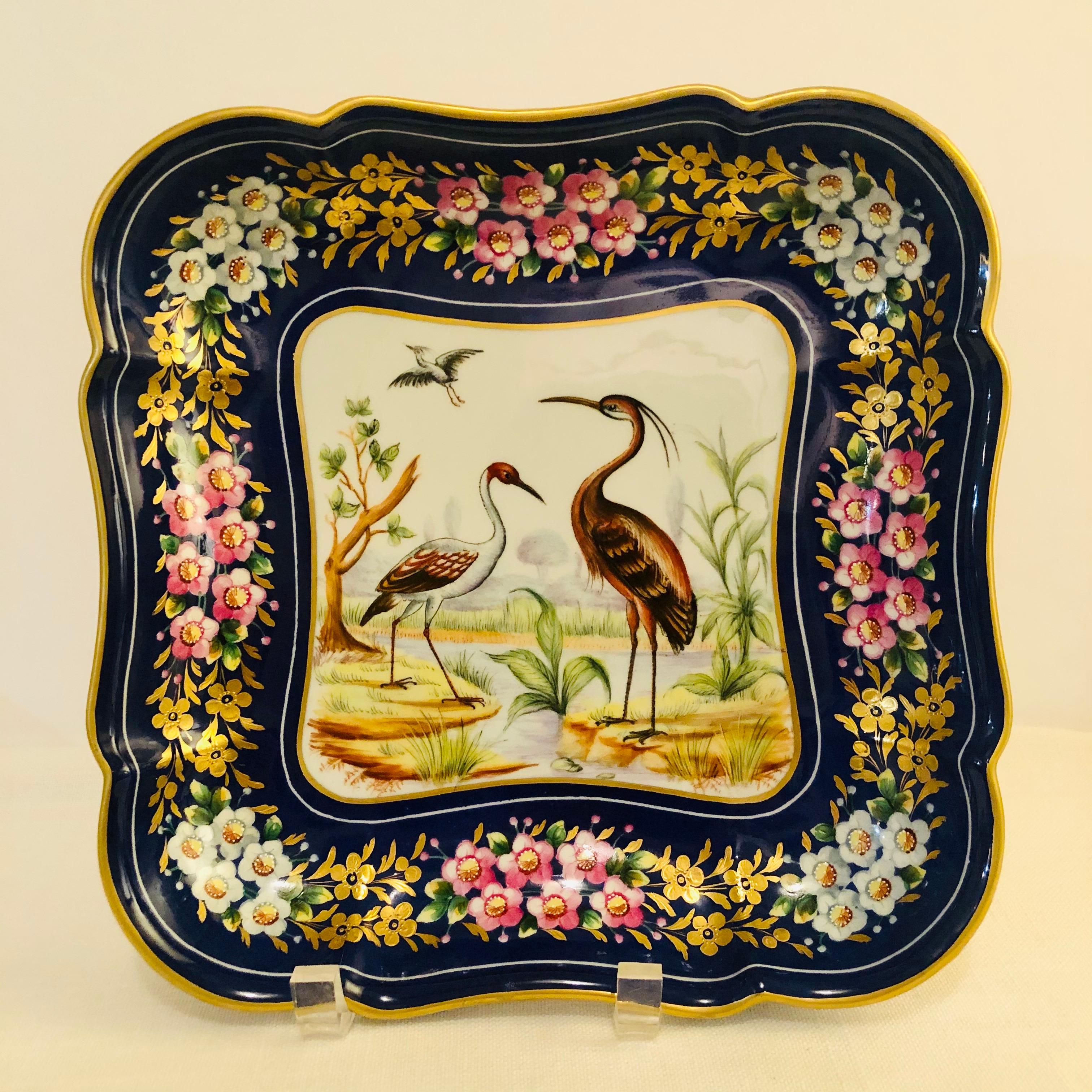 Le Tallec Blue Bowl Painted with Exotic Birds with Painted & Gold Flower Border In Good Condition In Boston, MA