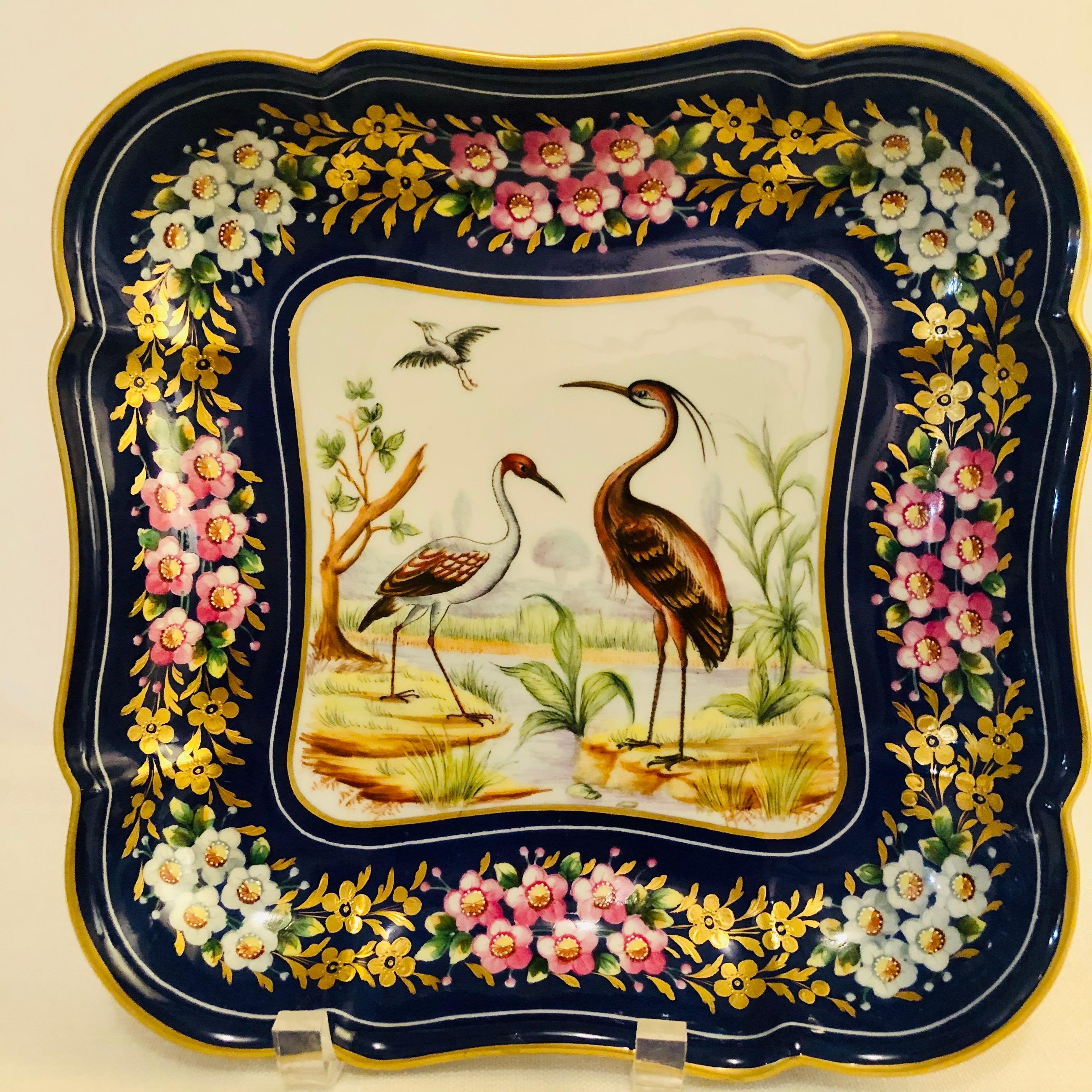 Mid-20th Century Le Tallec Blue Bowl Painted with Exotic Birds with Painted & Gold Flower Border