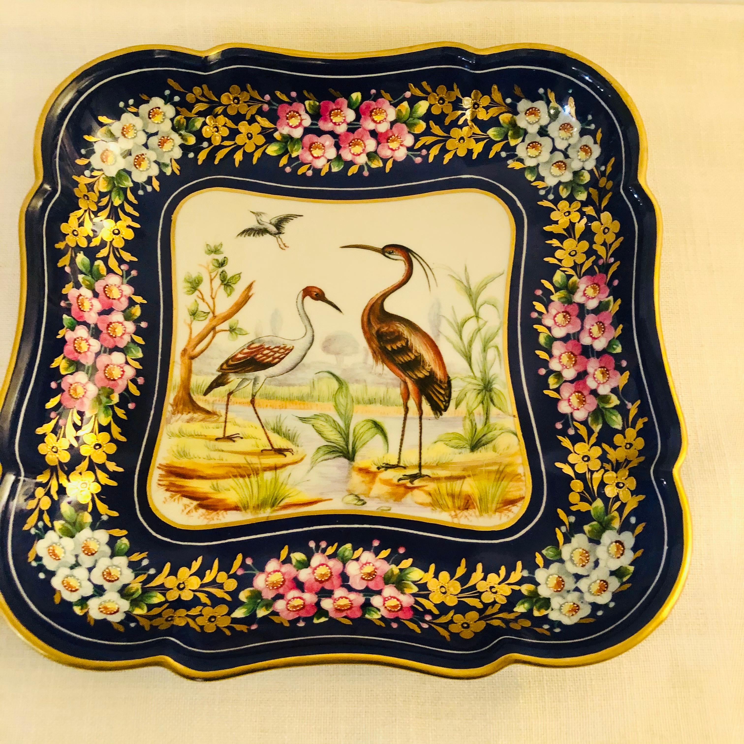 Porcelain Le Tallec Blue Bowl Painted with Exotic Birds with Painted & Gold Flower Border
