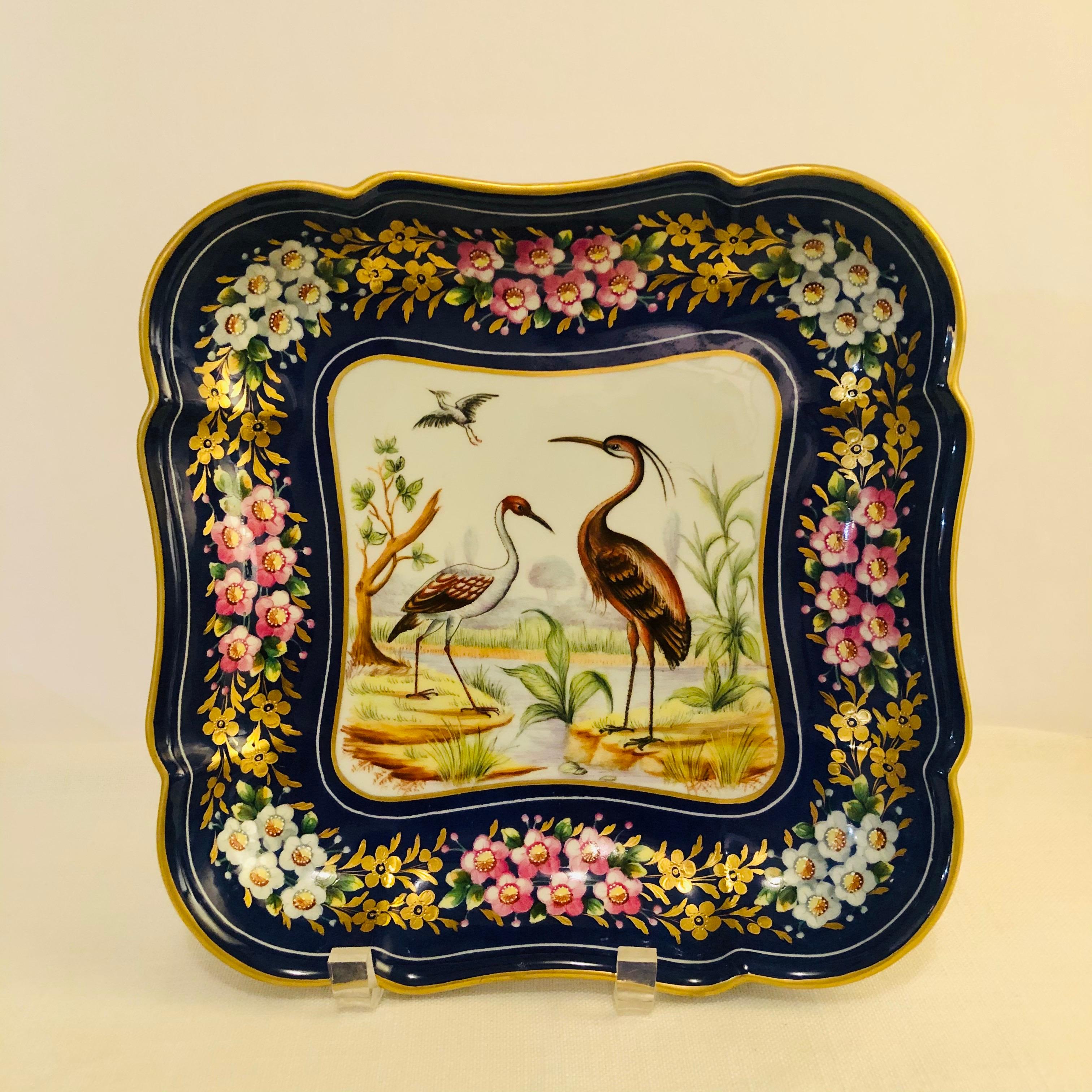 Le Tallec Blue Bowl Painted with Exotic Birds with Painted & Gold Flower Border 1