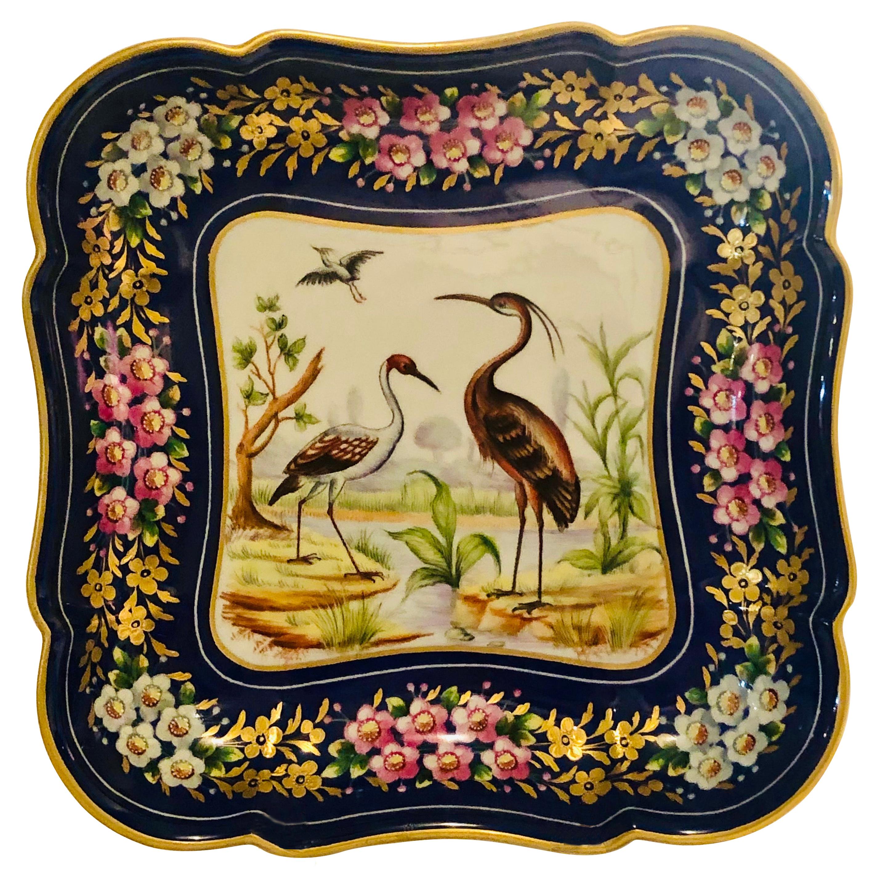 Le Tallec Blue Bowl Painted with Exotic Birds with Painted & Gold Flower Border