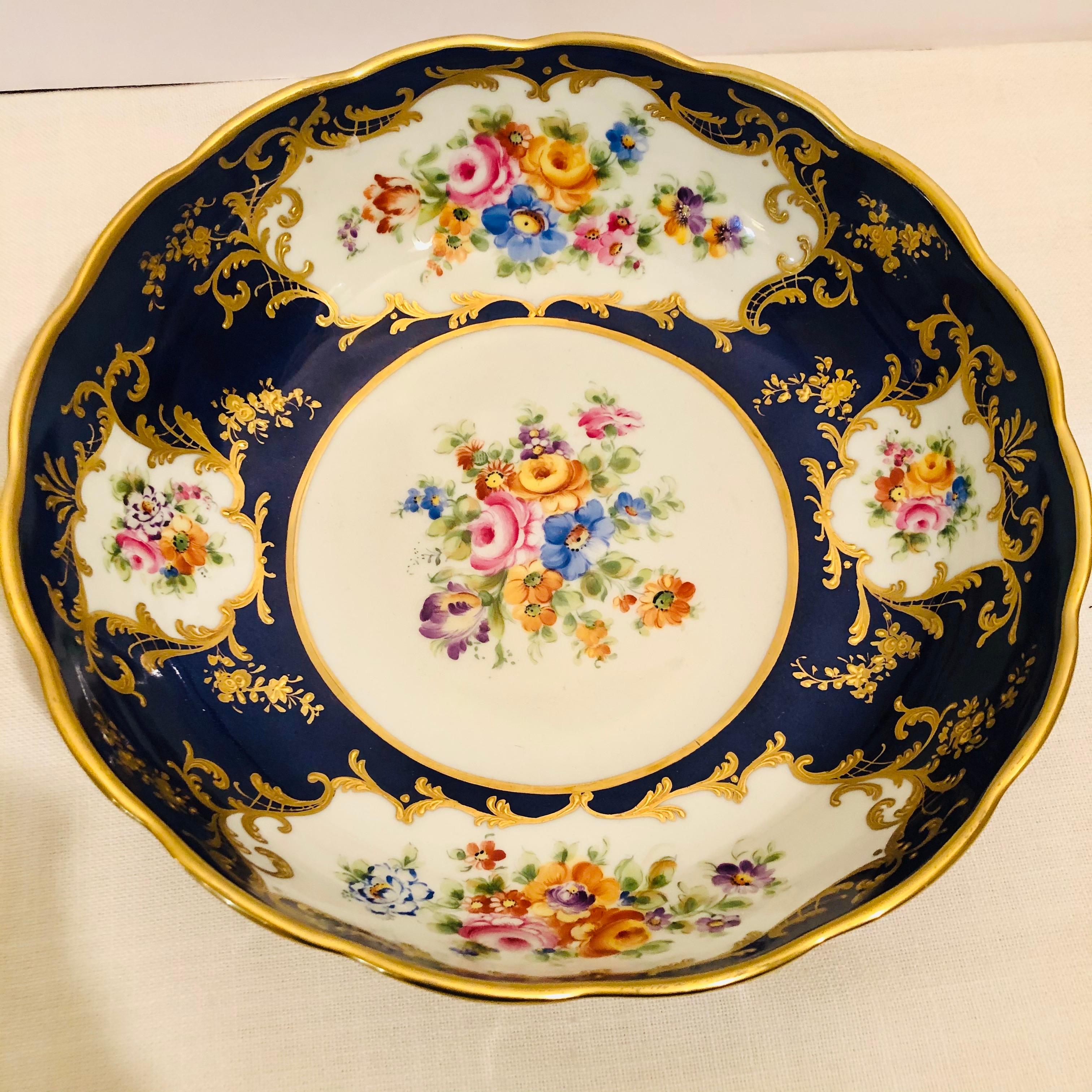 Le Tallec Blue Bowl with Painted Central Flower Bouquet and 4 Flower Medallions 2