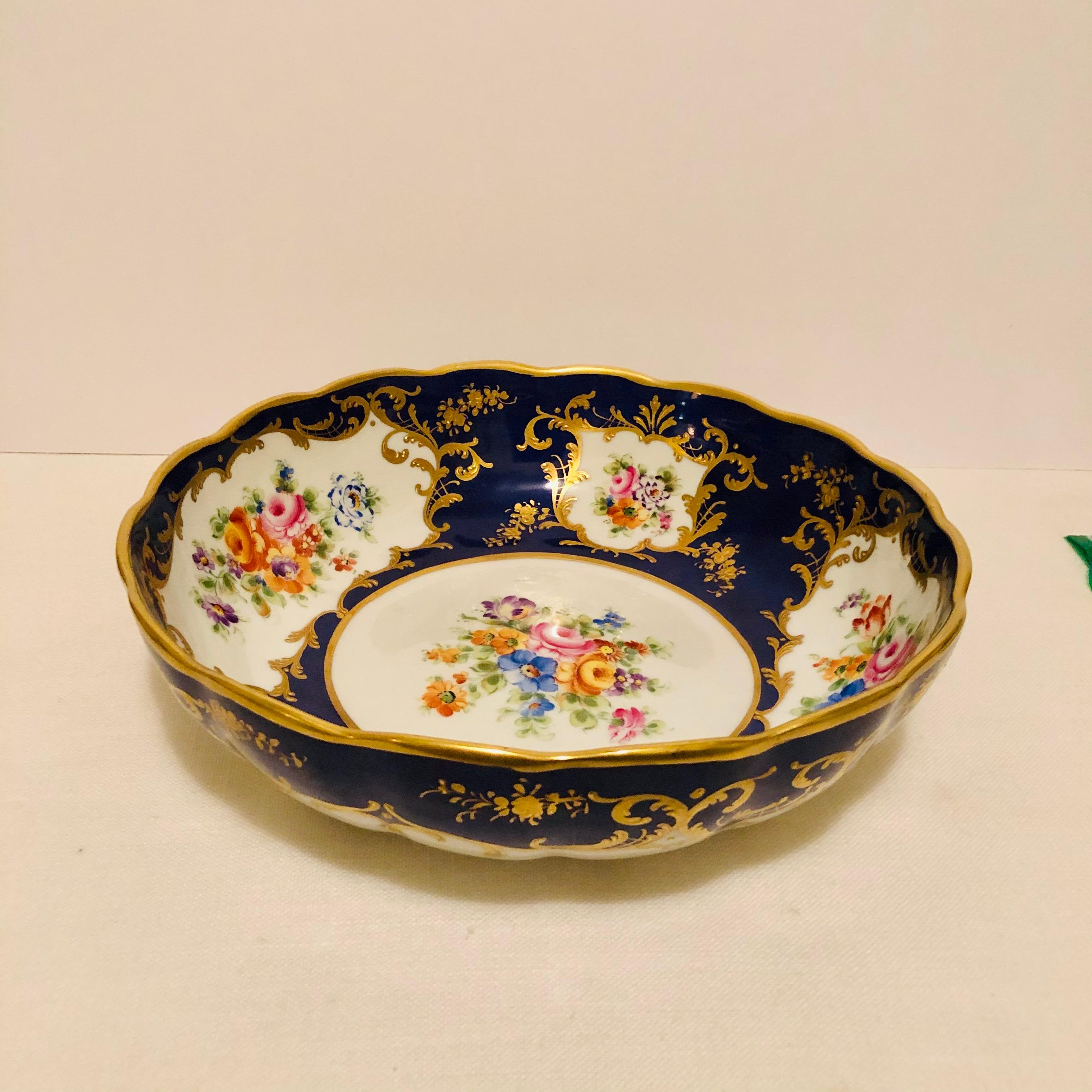 Romantic Le Tallec Blue Bowl with Painted Central Flower Bouquet and 4 Flower Medallions