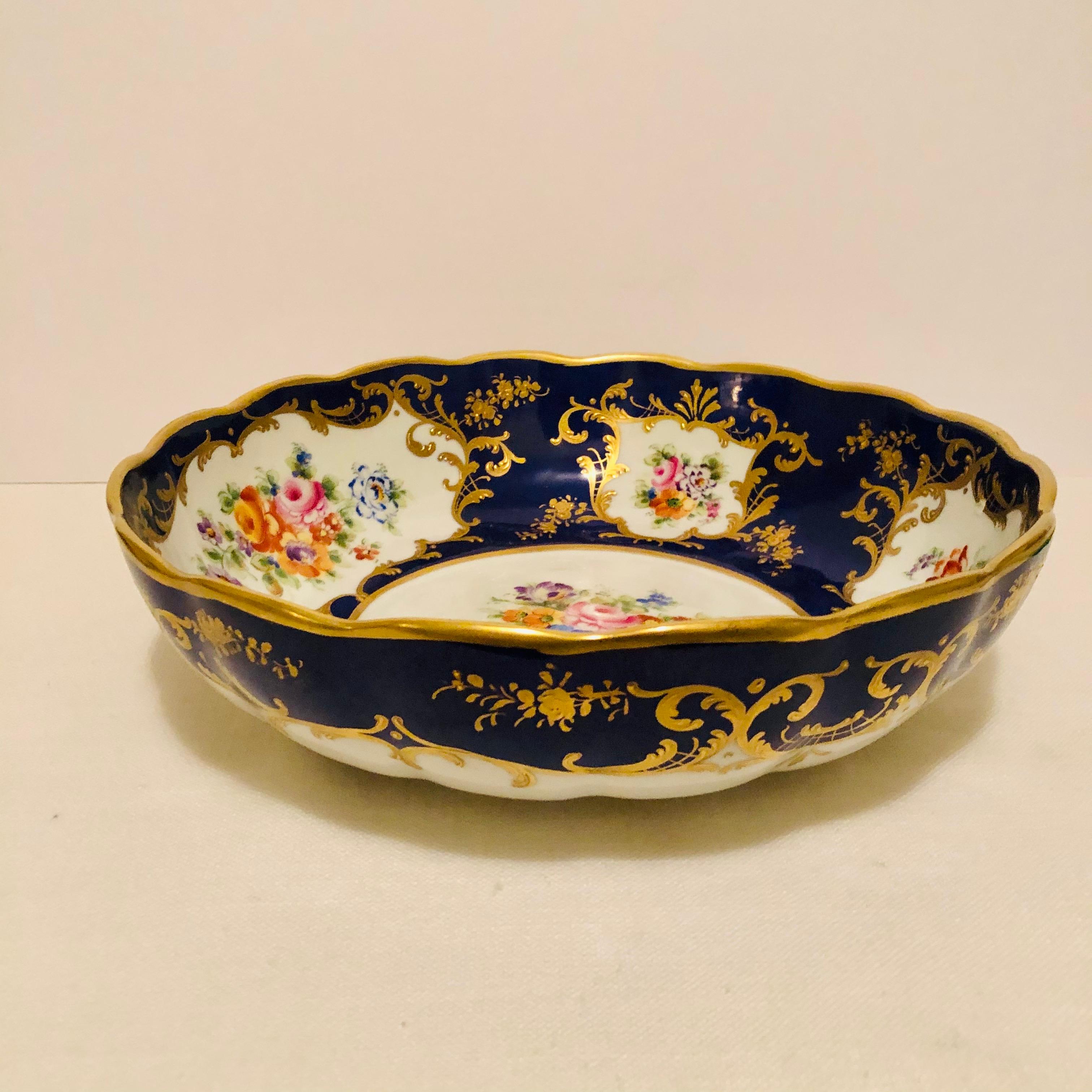 French Le Tallec Blue Bowl with Painted Central Flower Bouquet and 4 Flower Medallions