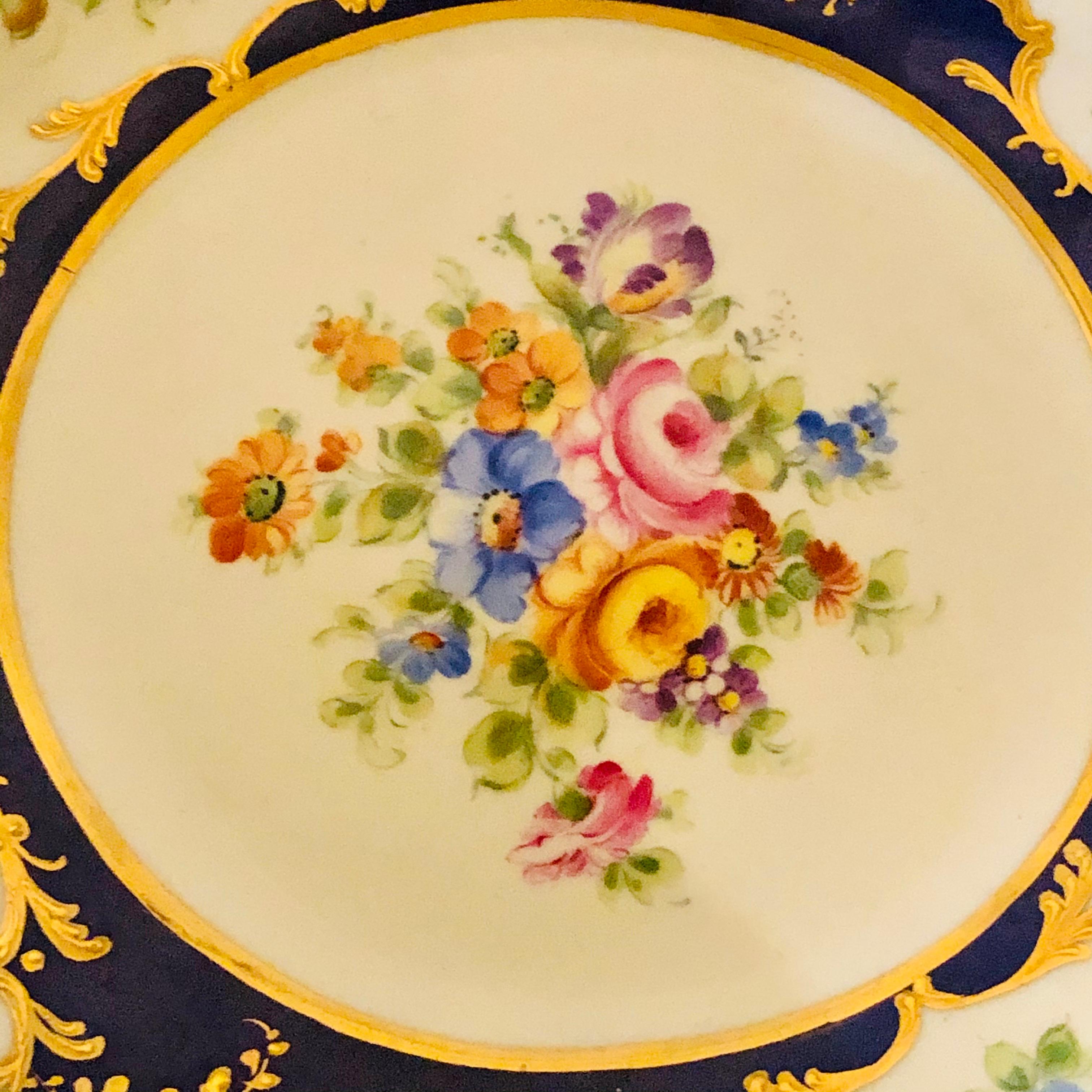 Hand-Painted Le Tallec Blue Bowl with Painted Central Flower Bouquet and 4 Flower Medallions