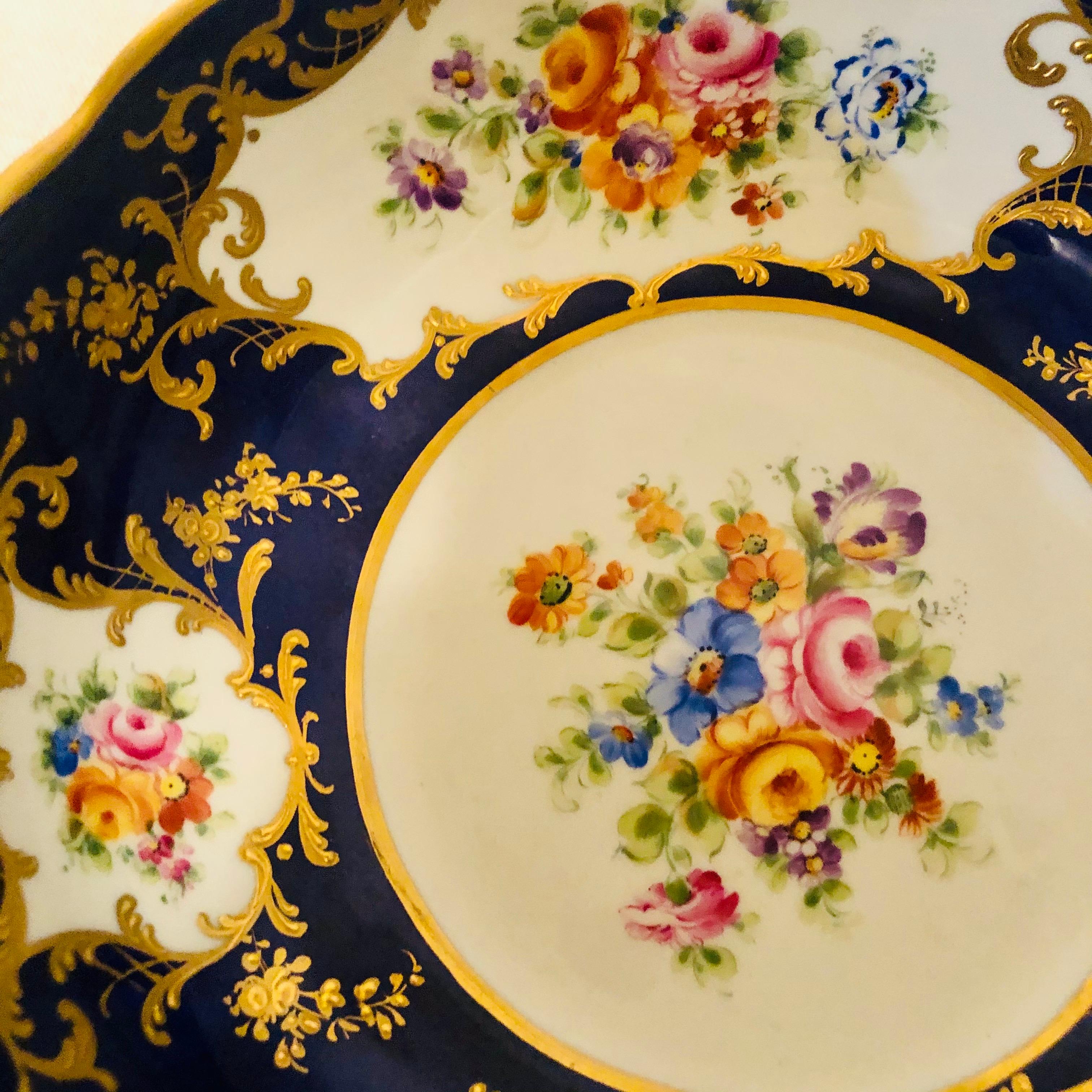 Le Tallec Blue Bowl with Painted Central Flower Bouquet and 4 Flower Medallions In Good Condition In Boston, MA