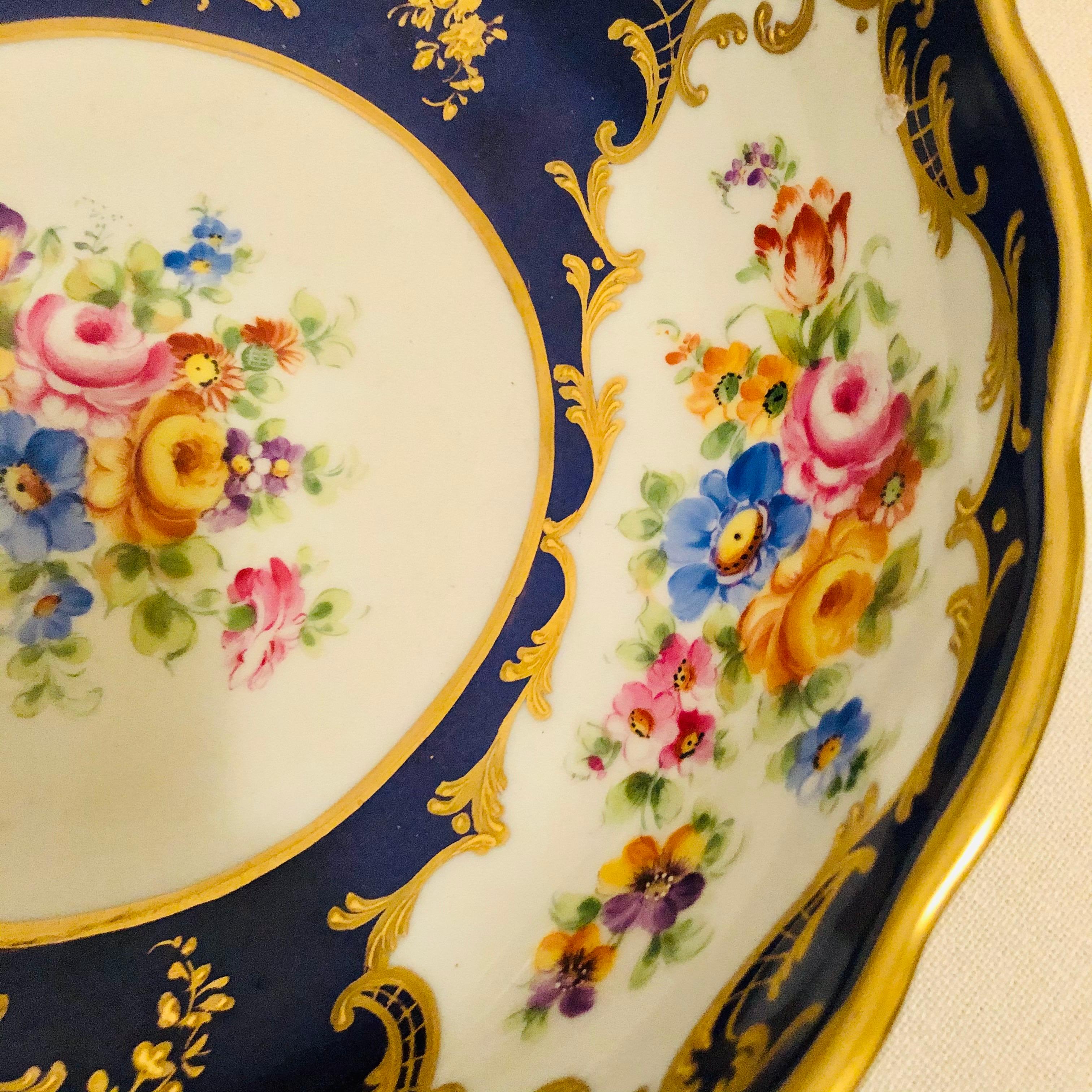 Mid-20th Century Le Tallec Blue Bowl with Painted Central Flower Bouquet and 4 Flower Medallions