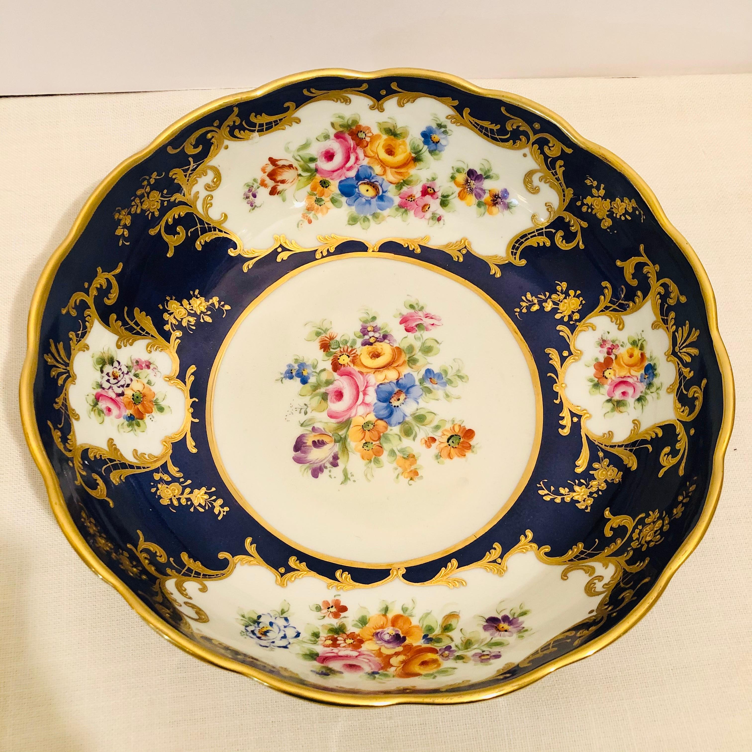 Porcelain Le Tallec Blue Bowl with Painted Central Flower Bouquet and 4 Flower Medallions