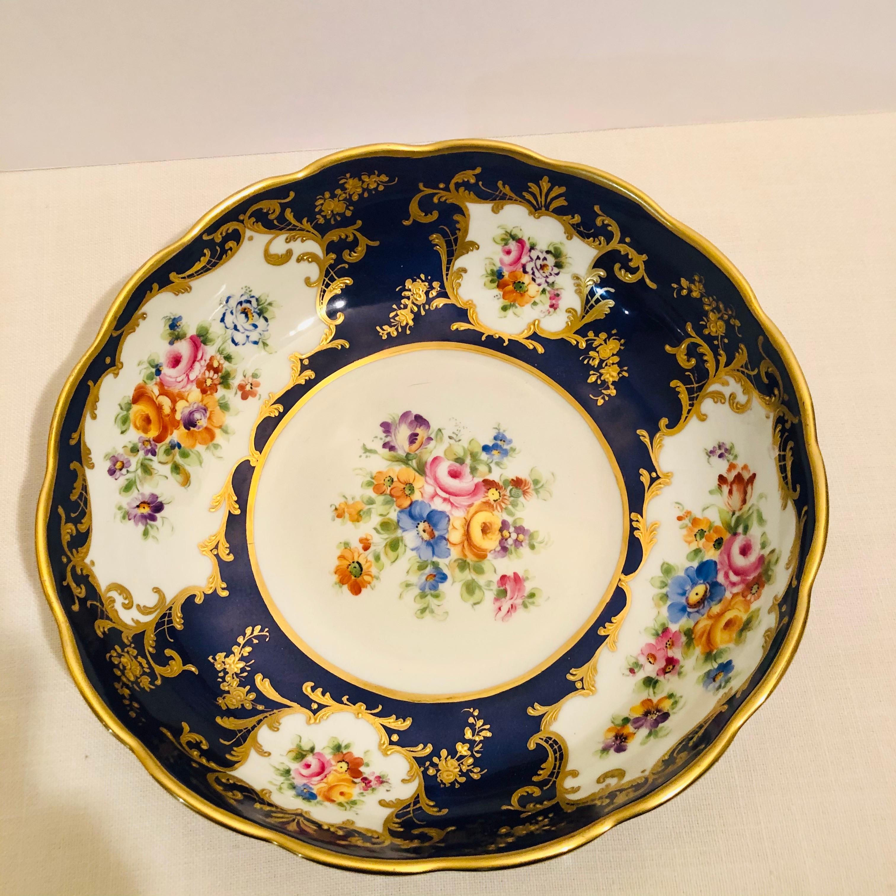 Le Tallec Blue Bowl with Painted Central Flower Bouquet and 4 Flower Medallions 1