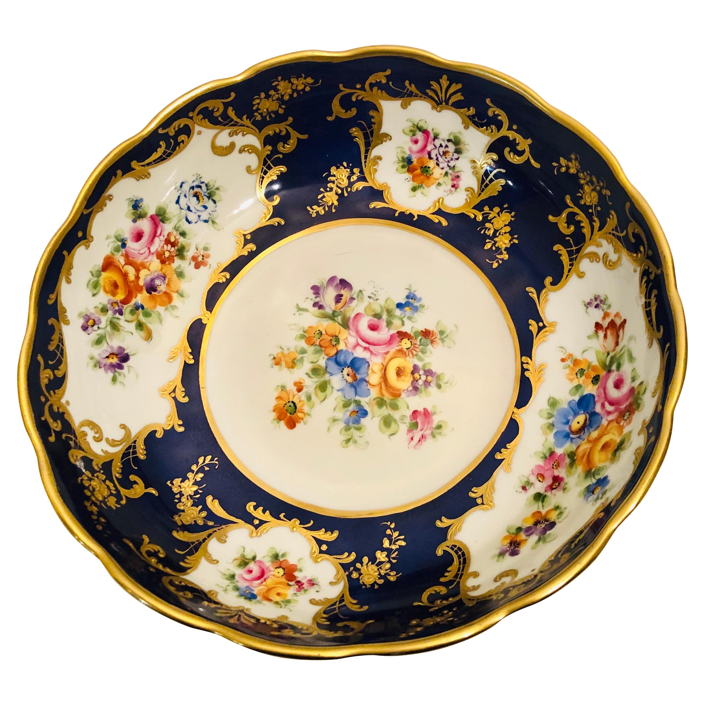 Le Tallec Blue Bowl with Painted Central Flower Bouquet and 4 Flower Medallions