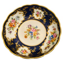 Vintage Le Tallec Blue Bowl with Painted Central Flower Bouquet and 4 Flower Medallions