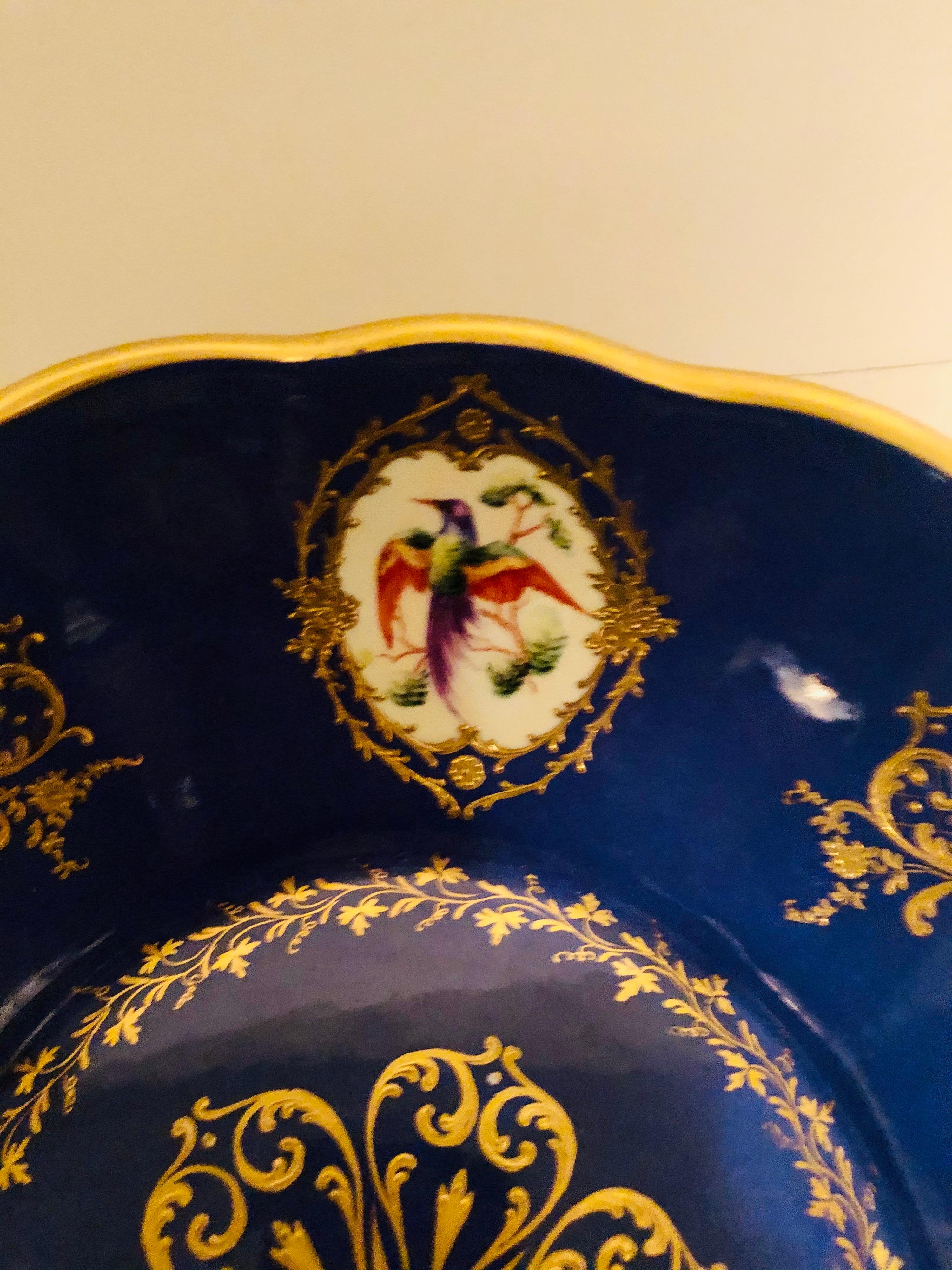Le Tallec Bowl Painted with 4 Medallions of Exotic Birds on Royal Blue Ground 2
