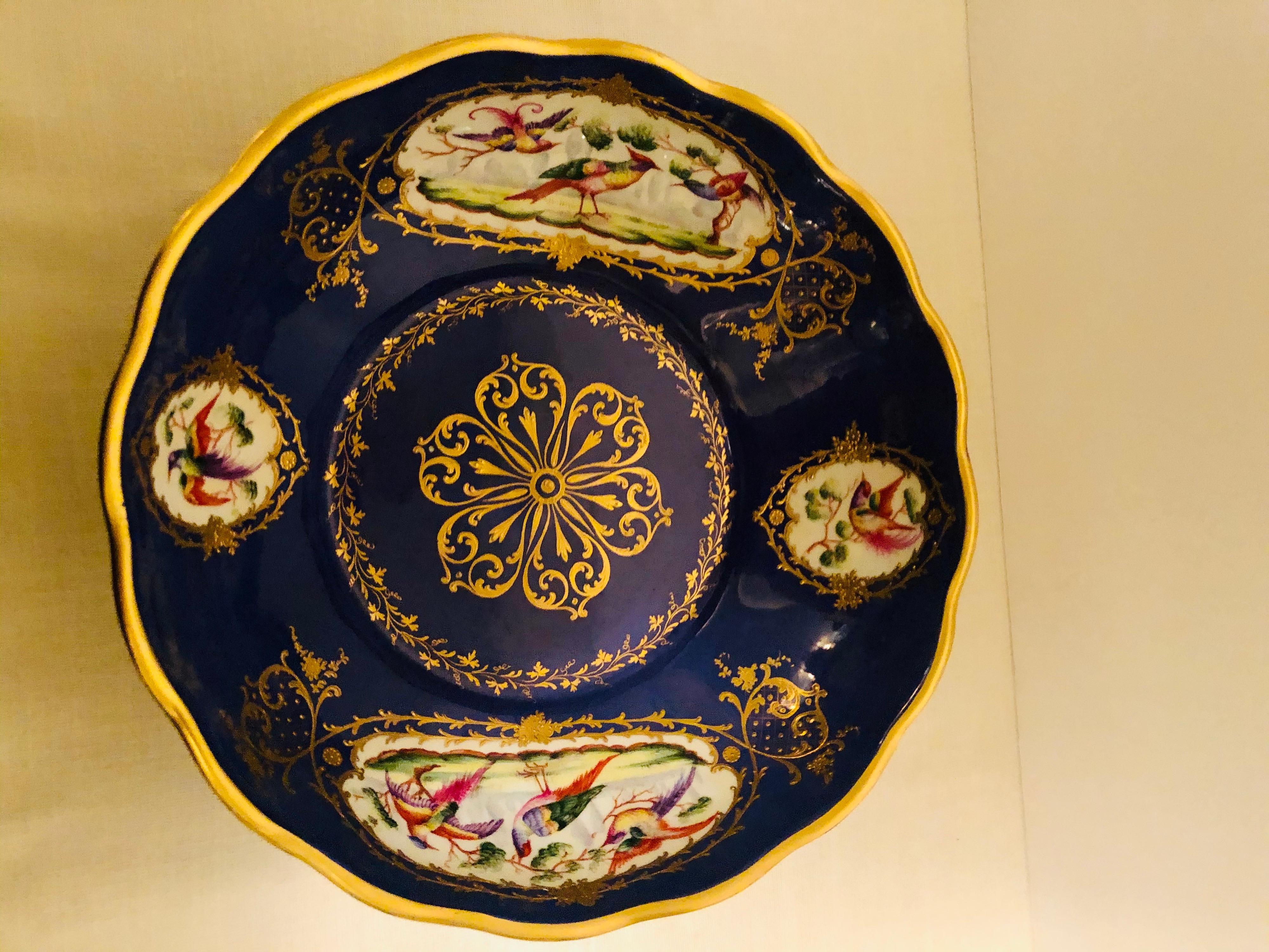 Le Tallec Bowl Painted with 4 Medallions of Exotic Birds on Royal Blue Ground 3