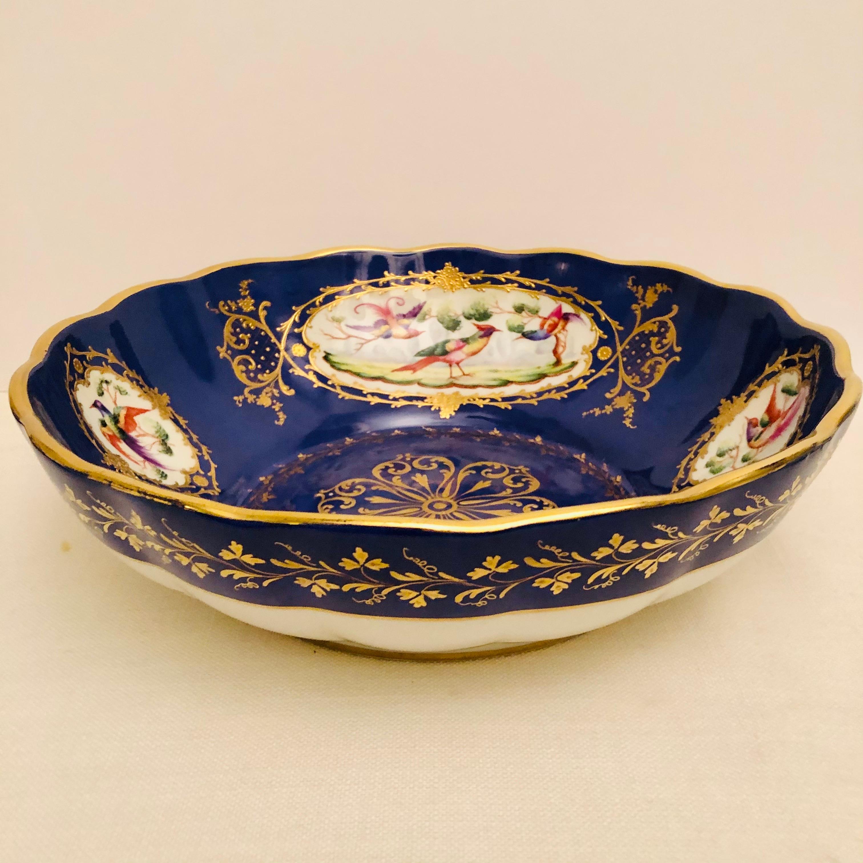 Belle Époque Le Tallec Bowl Painted with 4 Medallions of Exotic Birds on Royal Blue Ground