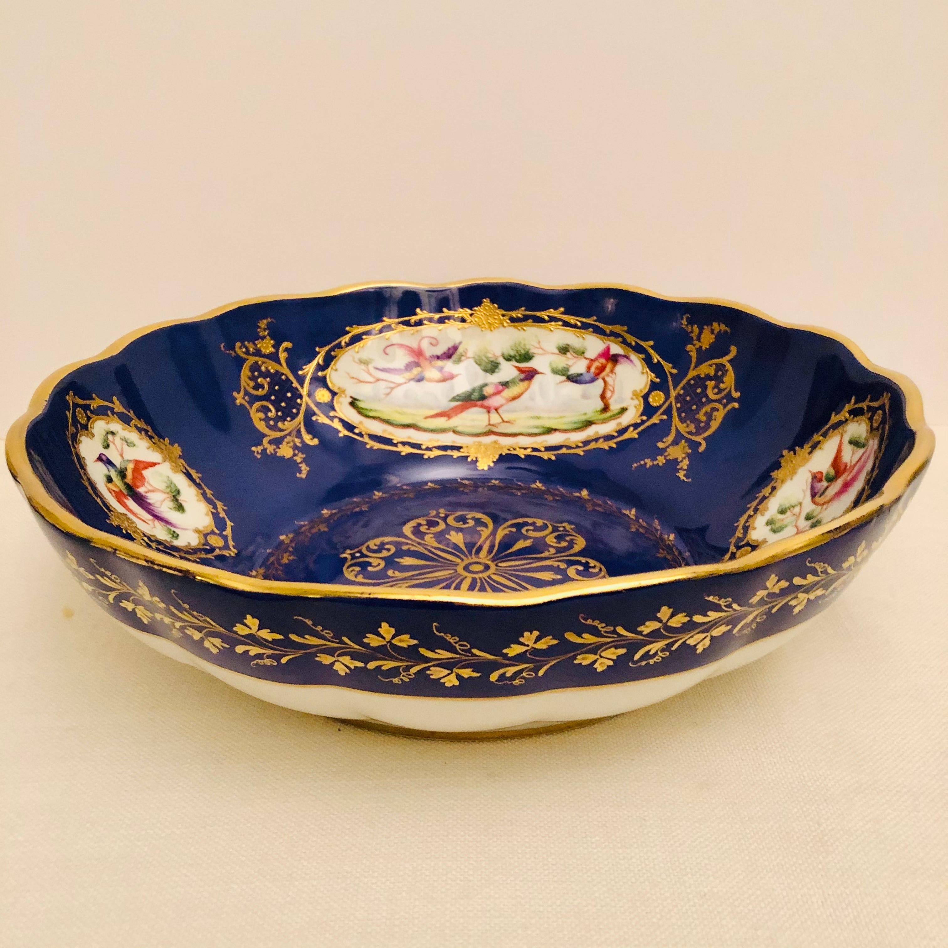 French Le Tallec Bowl Painted with 4 Medallions of Exotic Birds on Royal Blue Ground