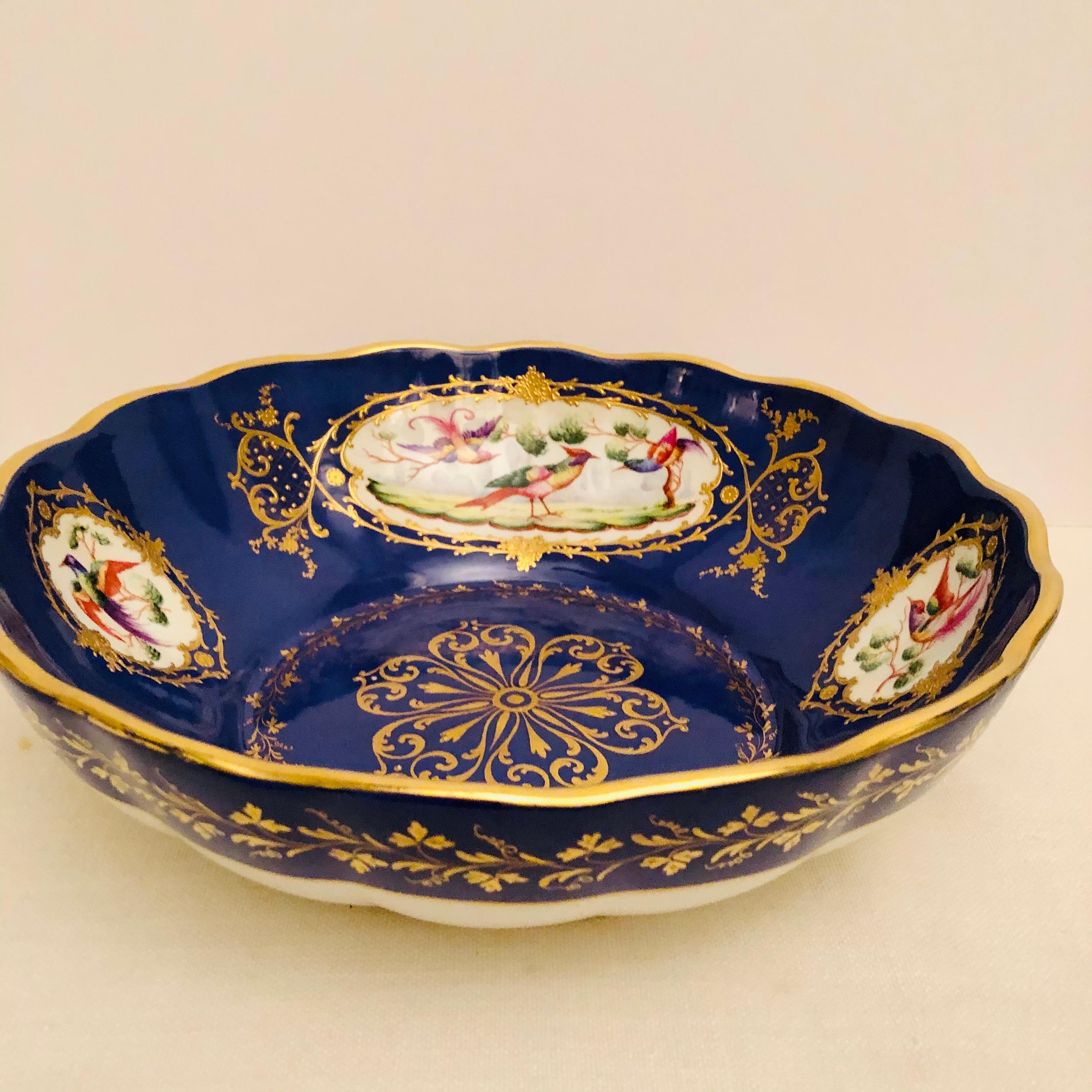 Hand-Painted Le Tallec Bowl Painted with 4 Medallions of Exotic Birds on Royal Blue Ground