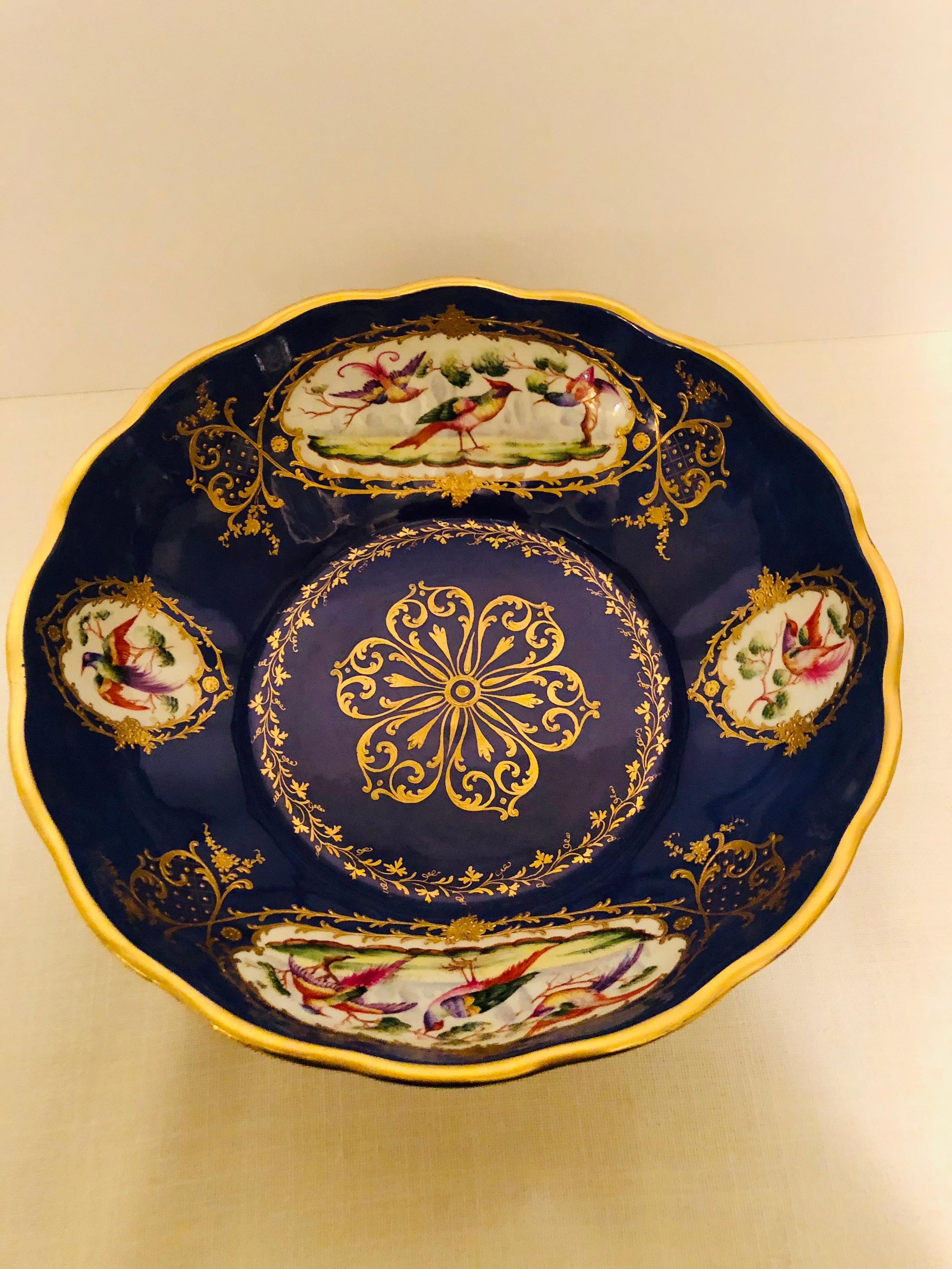 Le Tallec Bowl Painted with 4 Medallions of Exotic Birds on Royal Blue Ground In Good Condition In Boston, MA