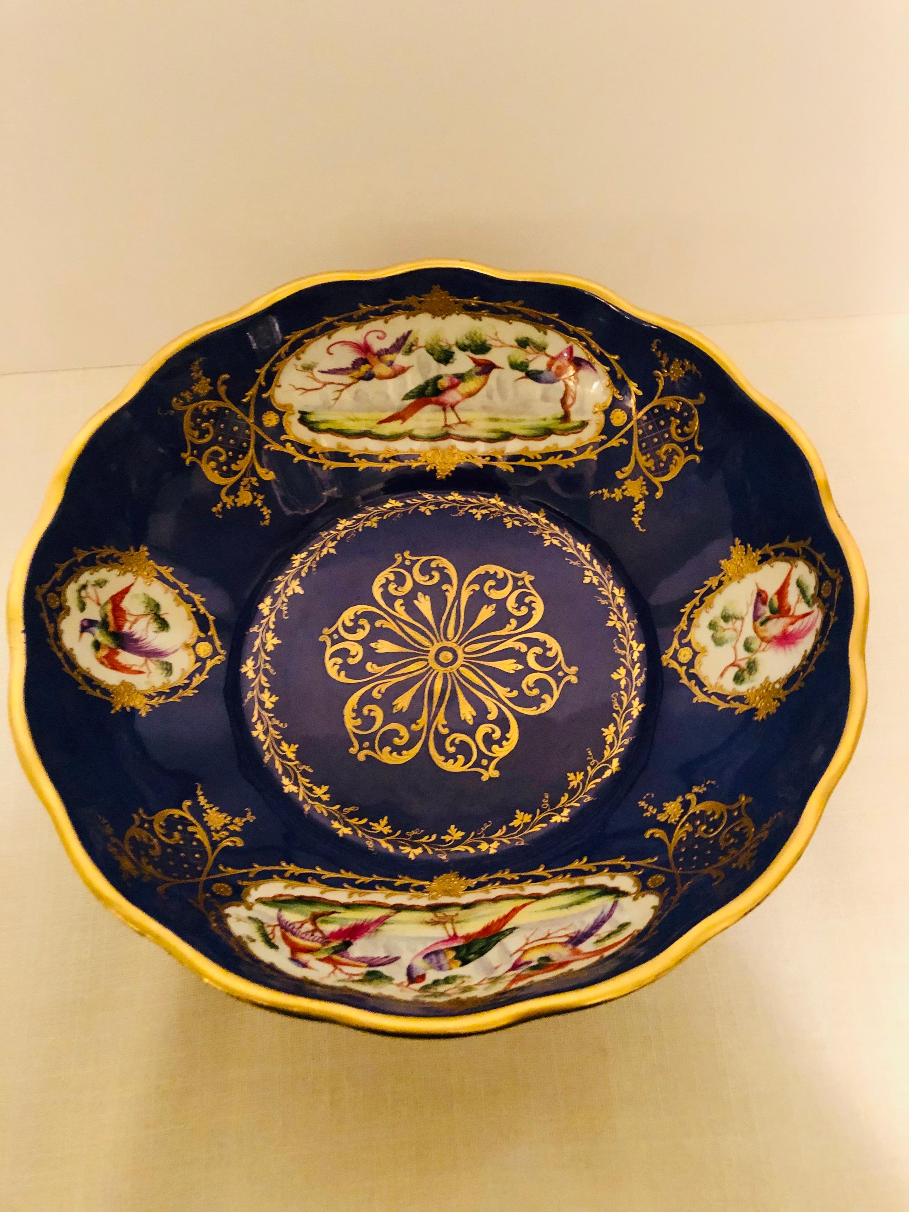 Late 20th Century Le Tallec Bowl Painted with 4 Medallions of Exotic Birds on Royal Blue Ground