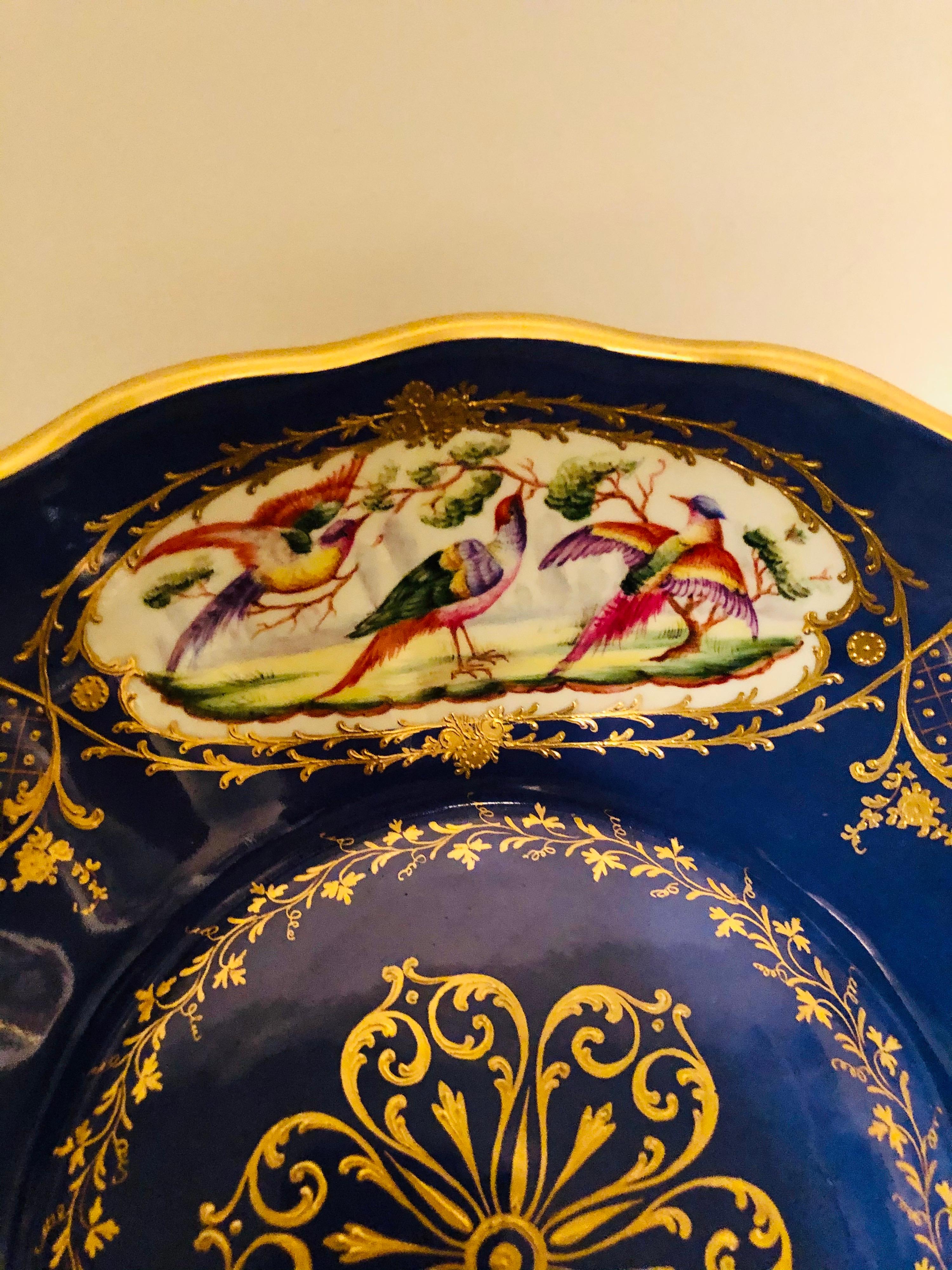Porcelain Le Tallec Bowl Painted with 4 Medallions of Exotic Birds on Royal Blue Ground