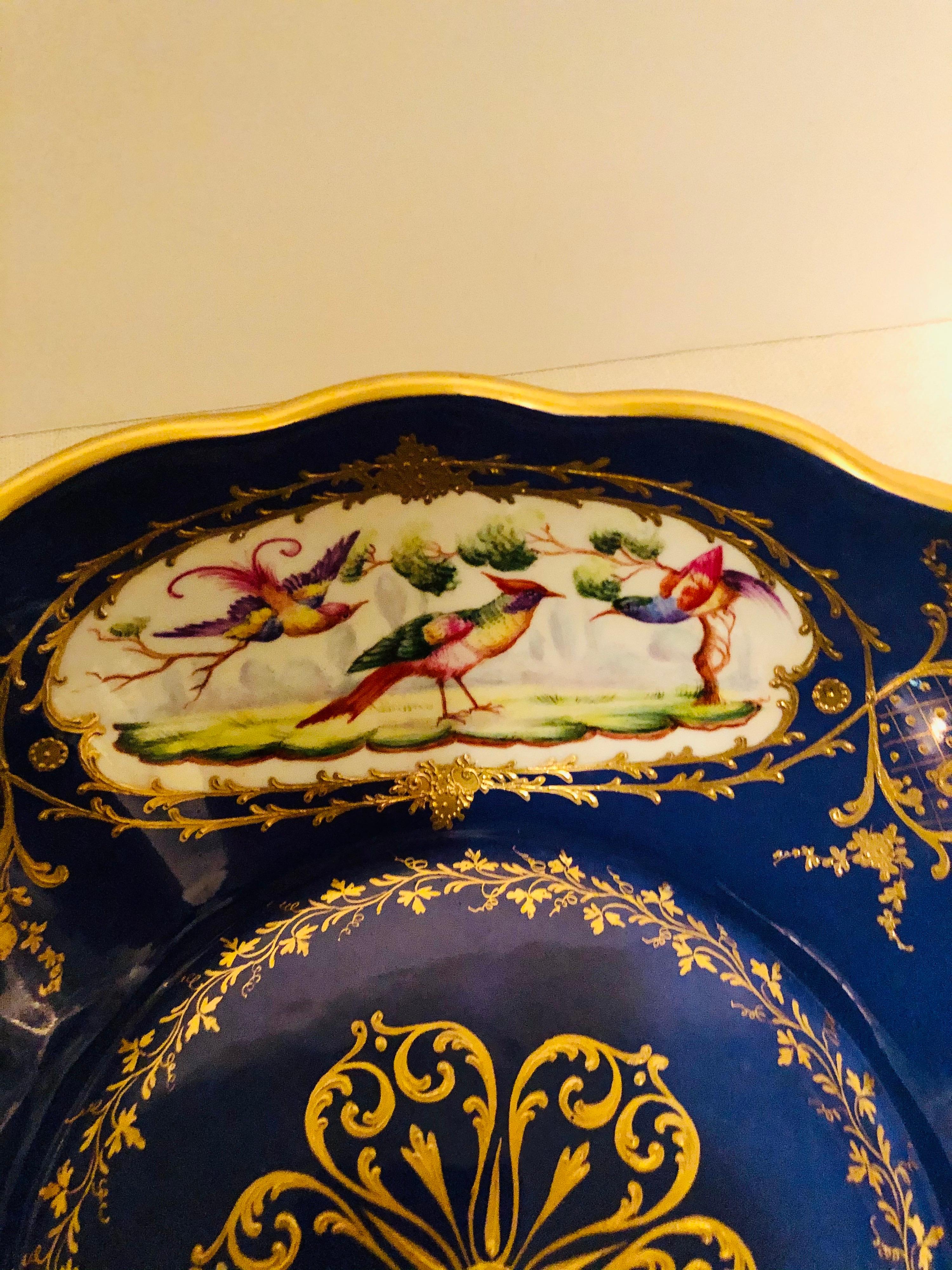 Le Tallec Bowl Painted with 4 Medallions of Exotic Birds on Royal Blue Ground 1