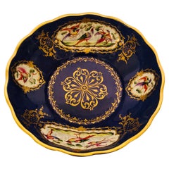 Vintage Le Tallec Bowl Painted with 4 Medallions of Exotic Birds on Royal Blue Ground