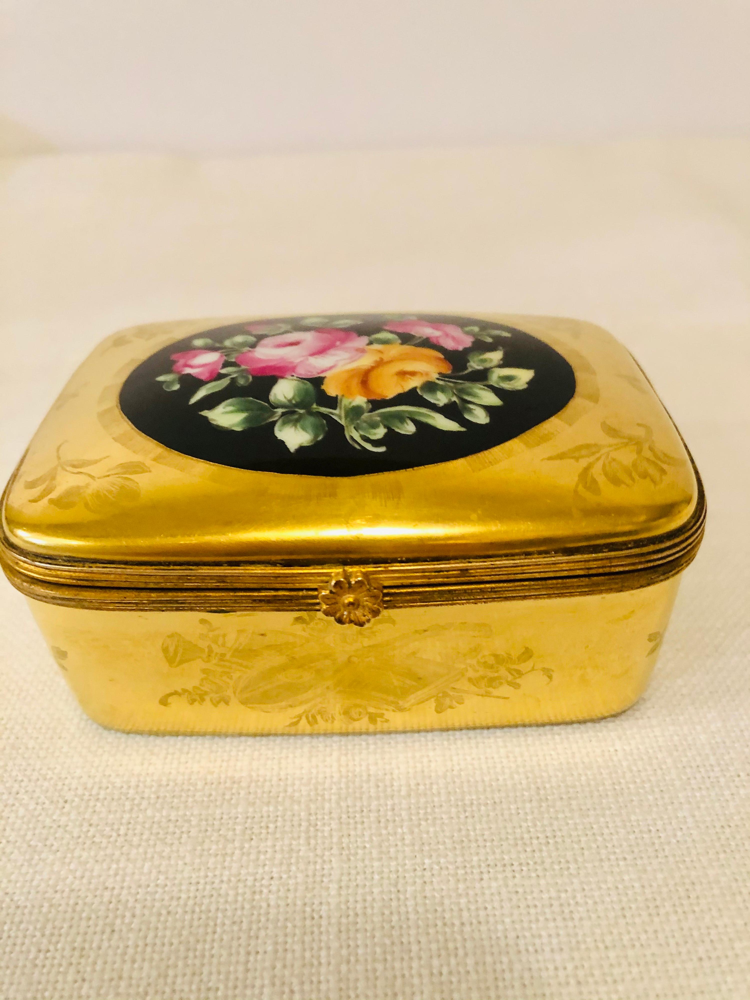 French Le Tallec Box with a Gold BackGround and a Central Painting of a Flower Bouquet