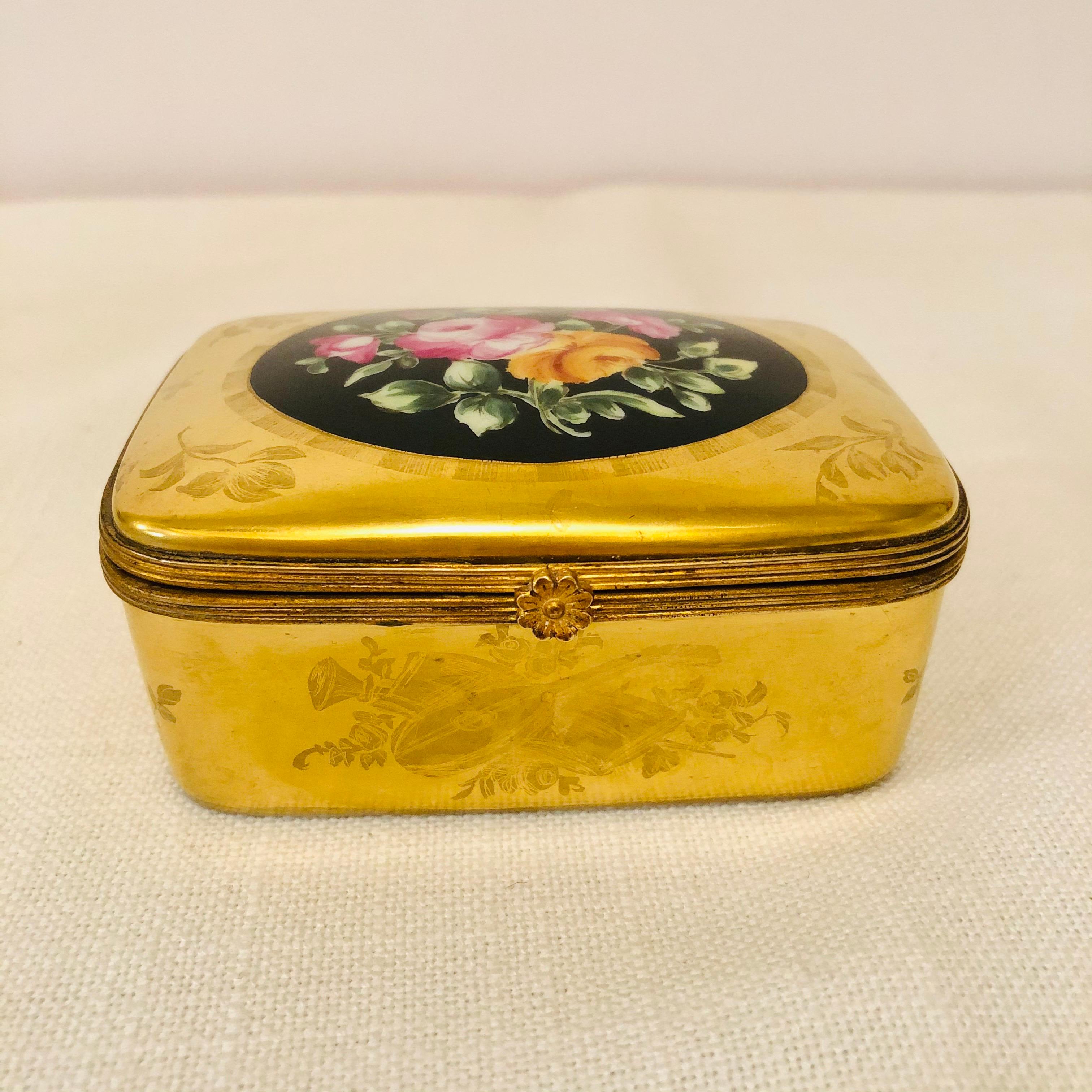 Mid-20th Century Le Tallec Box with a Gold BackGround and a Central Painting of a Flower Bouquet