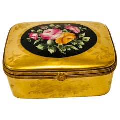 Vintage Le Tallec Box with a Gold BackGround and a Central Painting of a Flower Bouquet