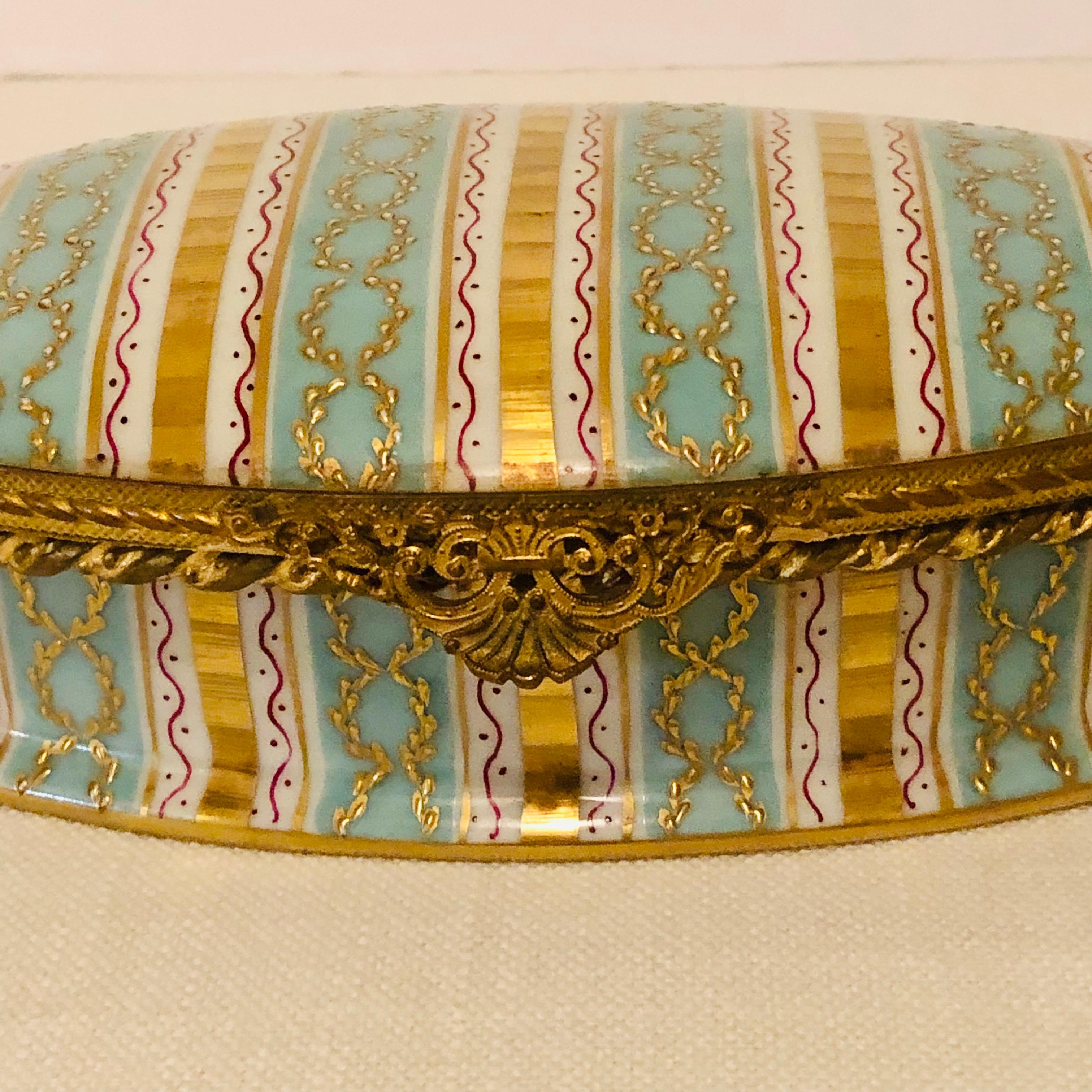 Rococo Le Tallec Box with Aqua and Gold Stripes and Raised Gold Circular Decoration