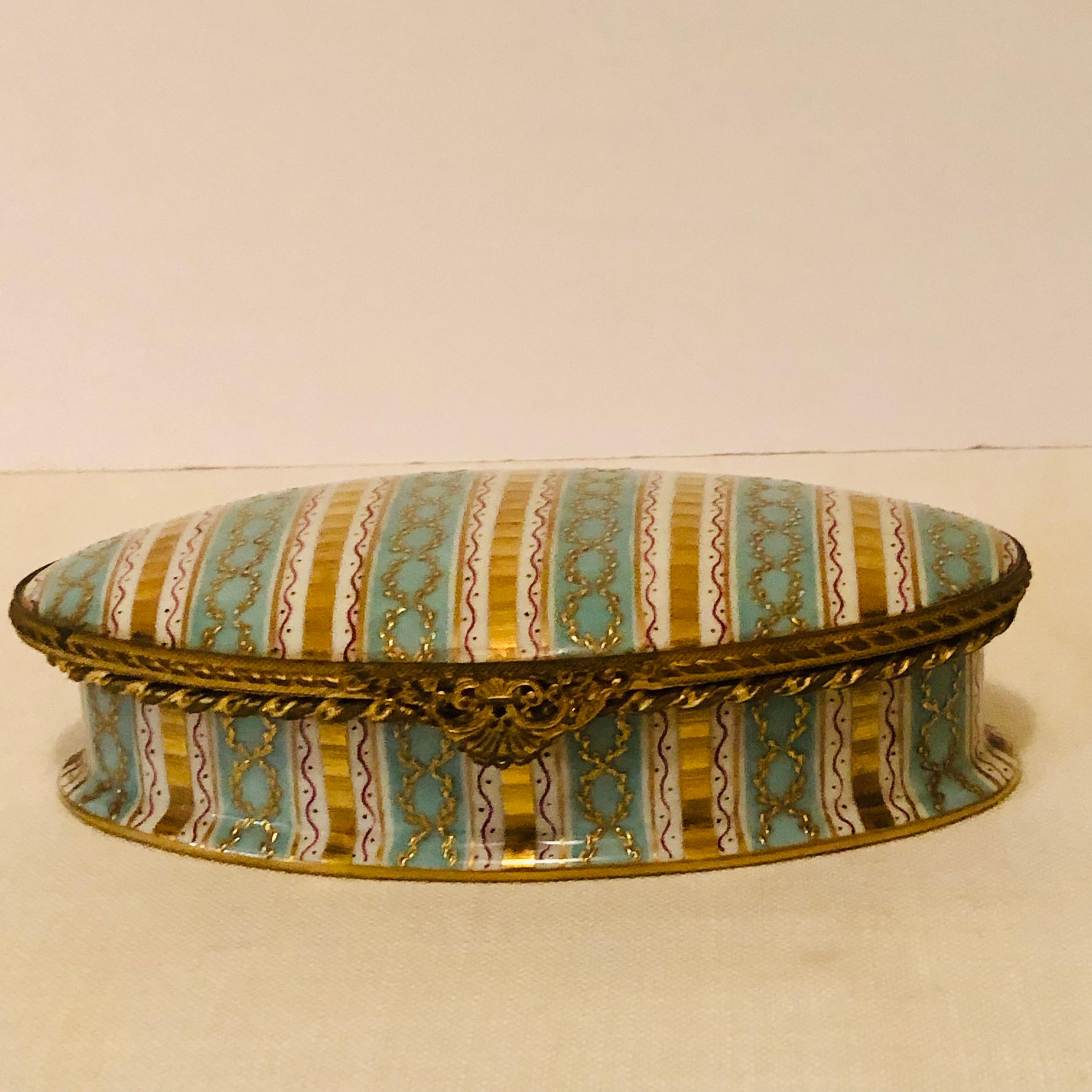 French Le Tallec Box with Aqua and Gold Stripes and Raised Gold Circular Decoration