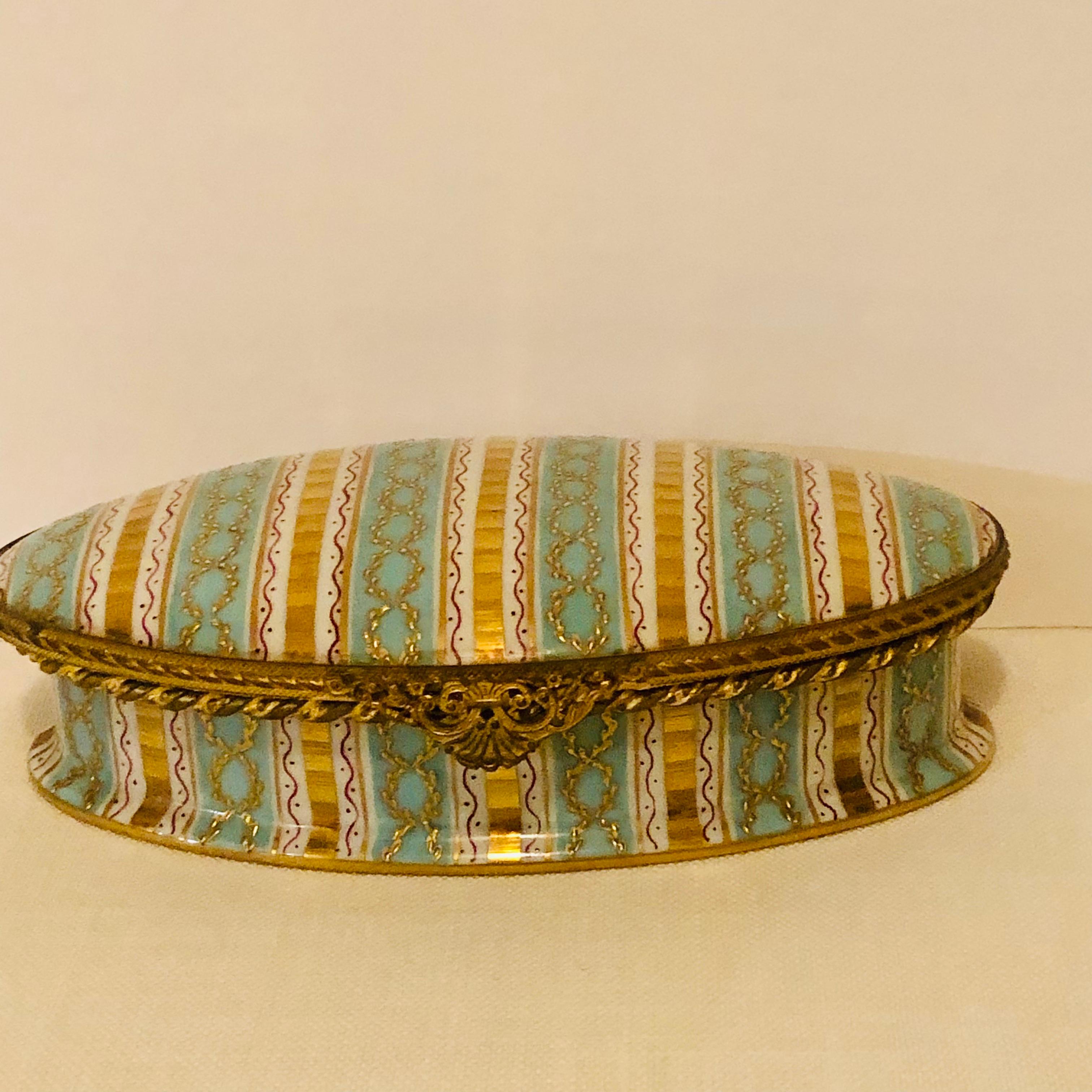 Porcelain Le Tallec Box with Aqua and Gold Stripes and Raised Gold Circular Decoration