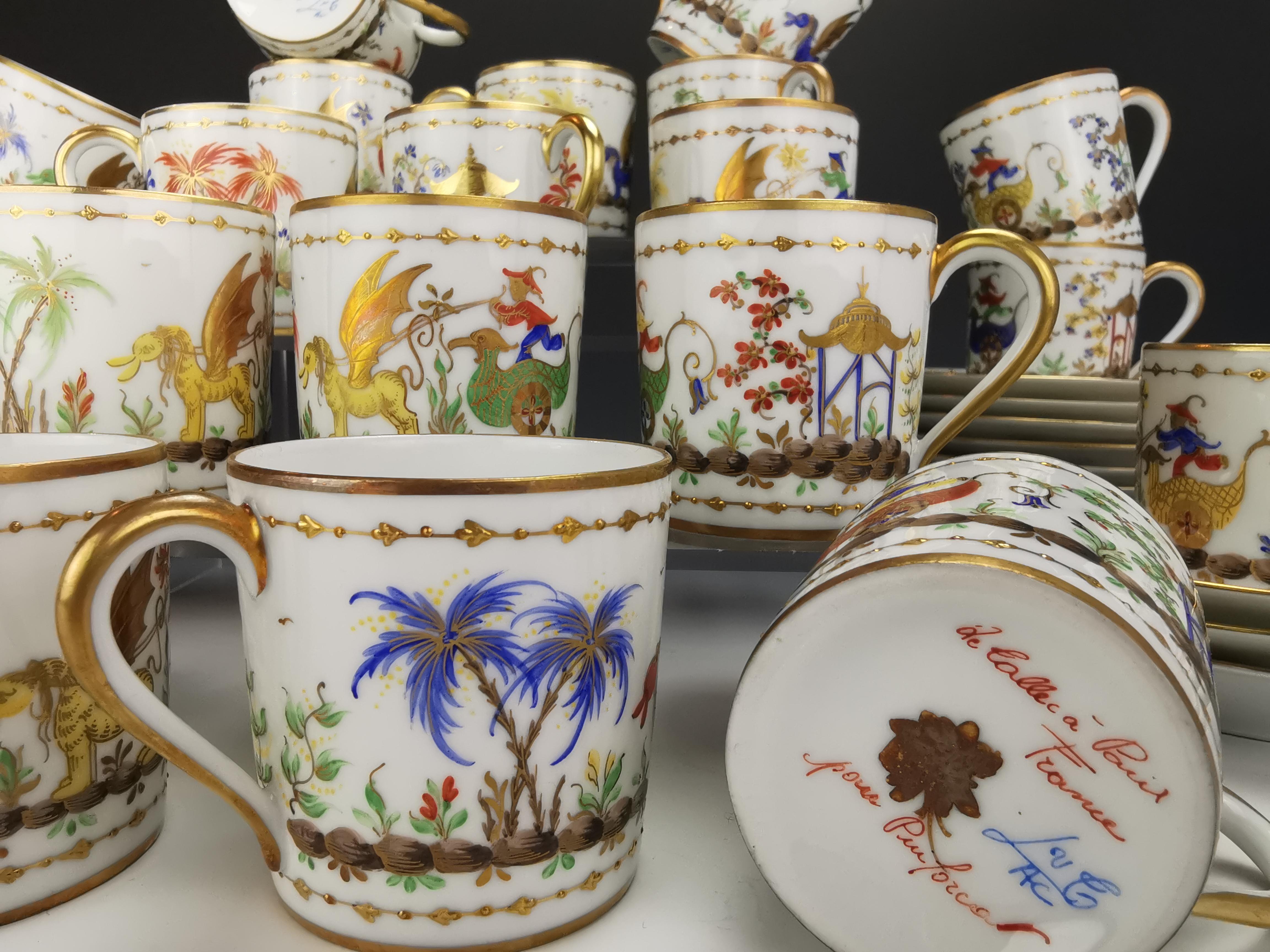 Hand-Painted LE TALLEC - Chinese Circus -22 demitasse cups and saucers -Tiffany & Co. pattern For Sale