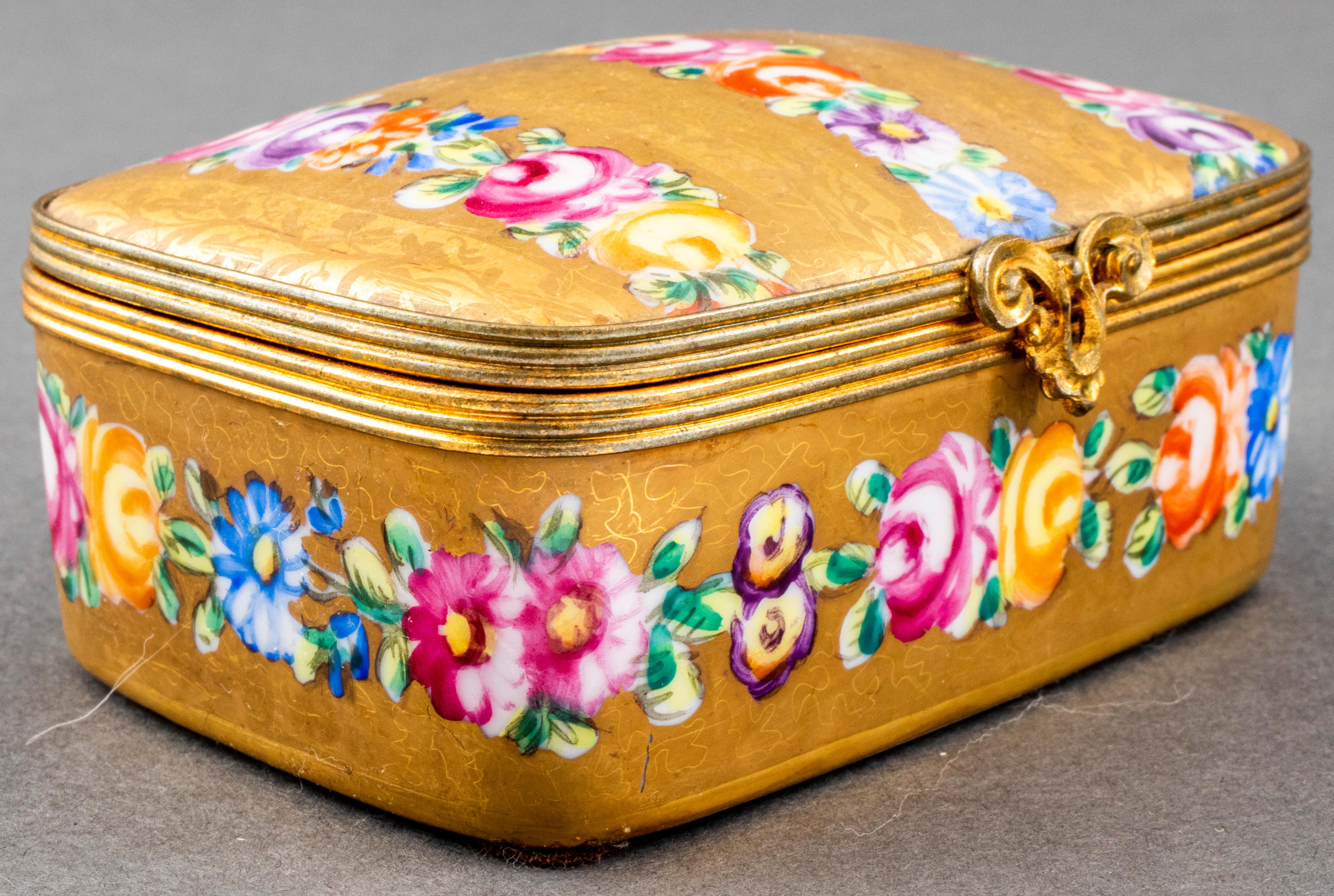 Le Tallec gilt and hand-painted Limoges porcelain brass mounted jewelry or trinket box, floral motifs, fully marked underside. Measures: 1.5