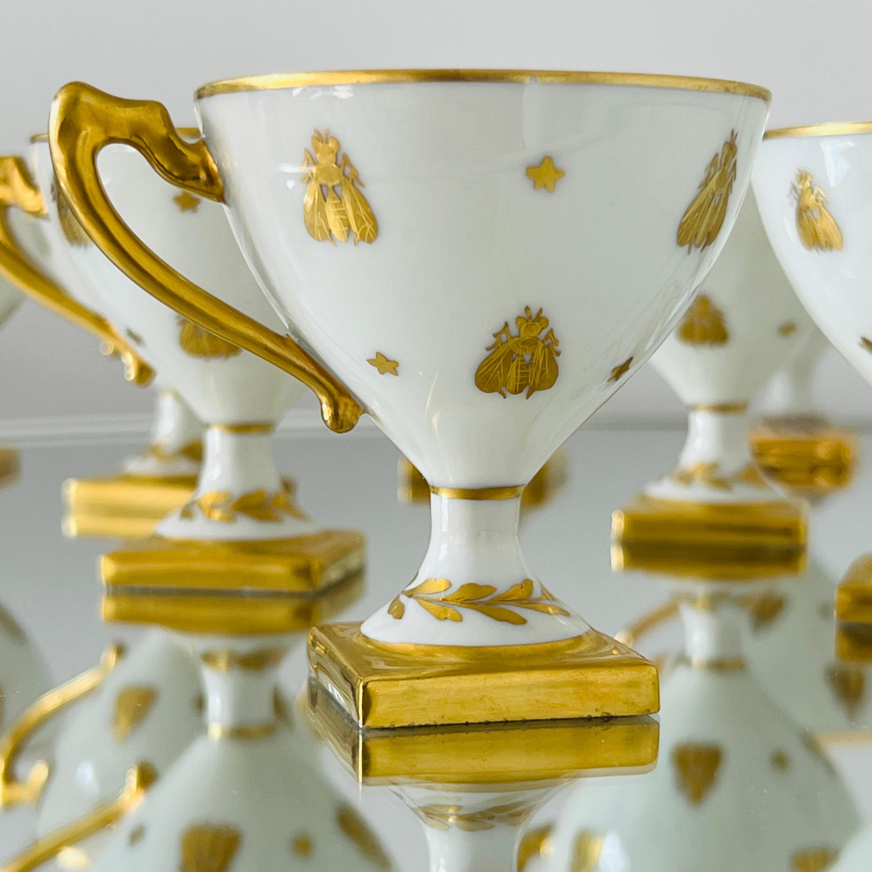 Empire Le Tallec Golden Bees Porcelain Demitasse Cups and Saucers, circa 1957 Set/11-12 For Sale